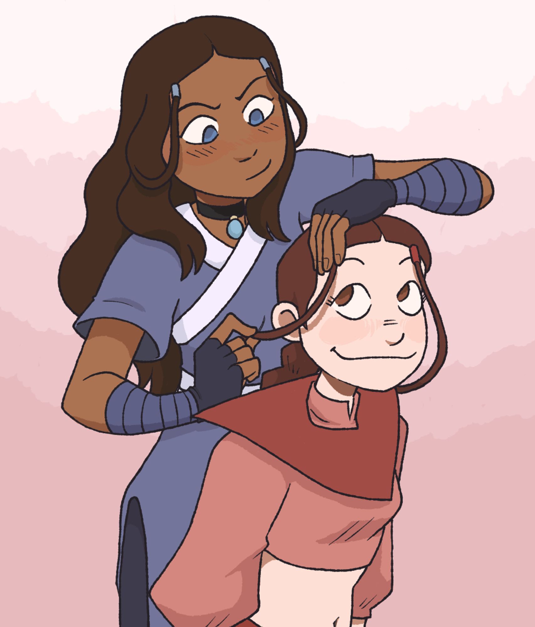 Katara is fixing Ty Lee's hair to look like her old hairstyle.