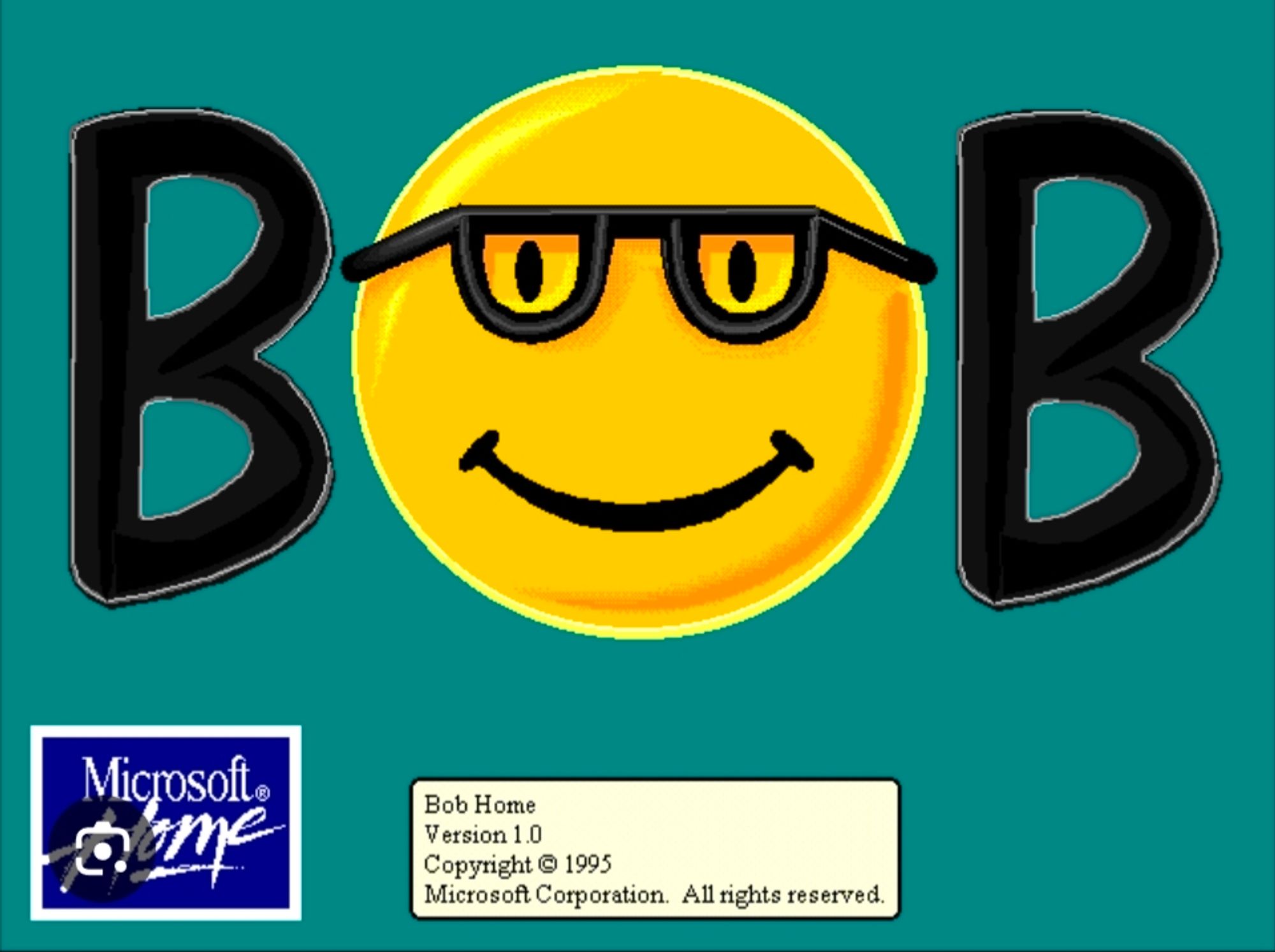 Microsoft Bob logo from 1995. The O in Bob is a yellow smiley face wearing glasses with thick black frames.