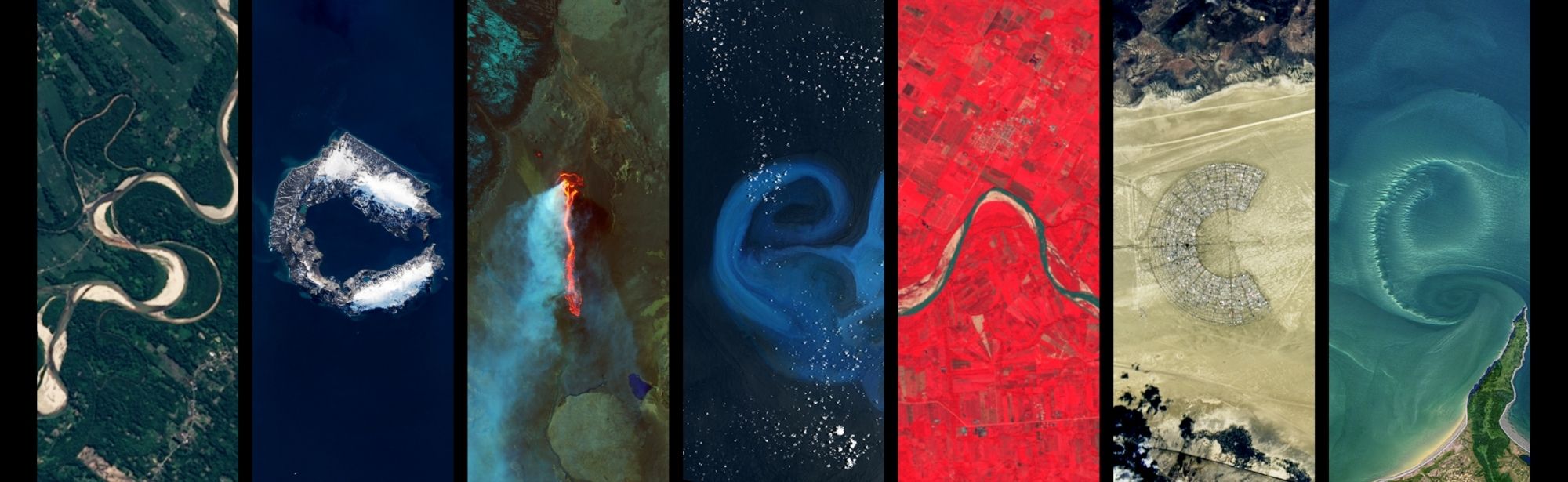 A series of images with physical features seen from space that look like letters of the English alphabet. The photos spell the word "science"