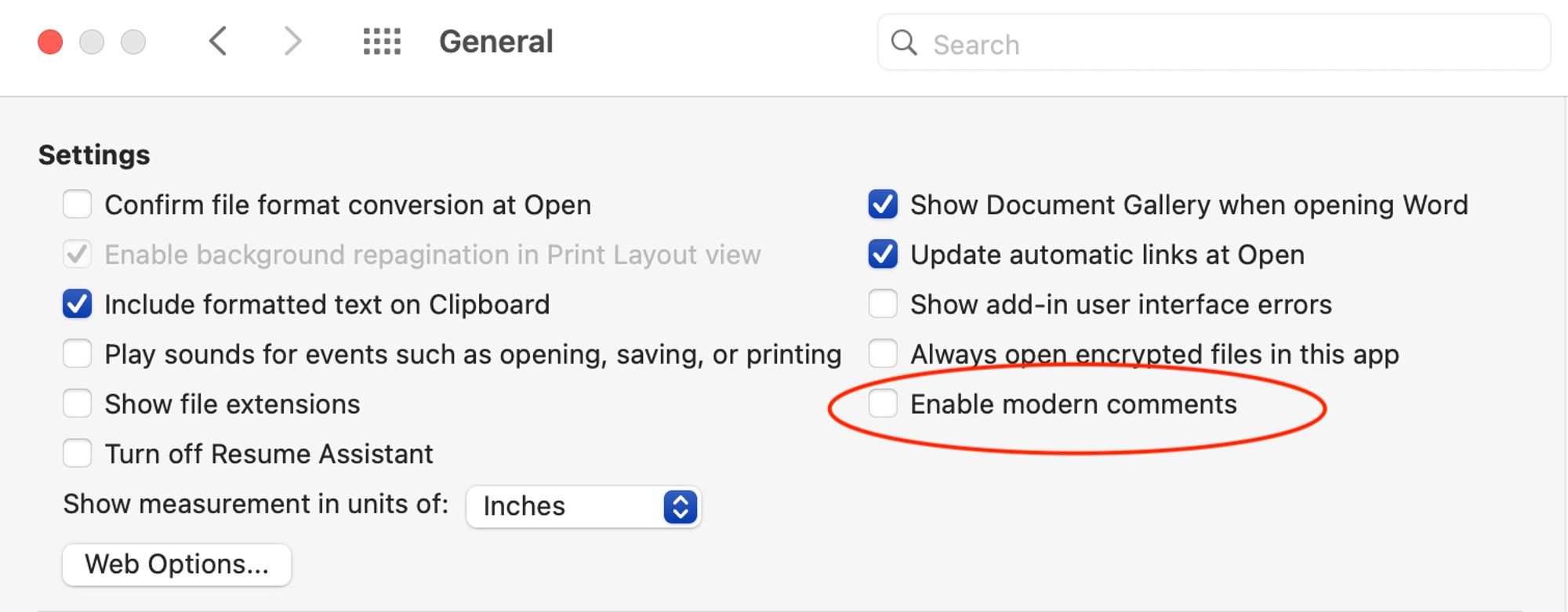 Screenshot of settings menu in word showing the enable modern comments checkbox in the bottom of the right column of options