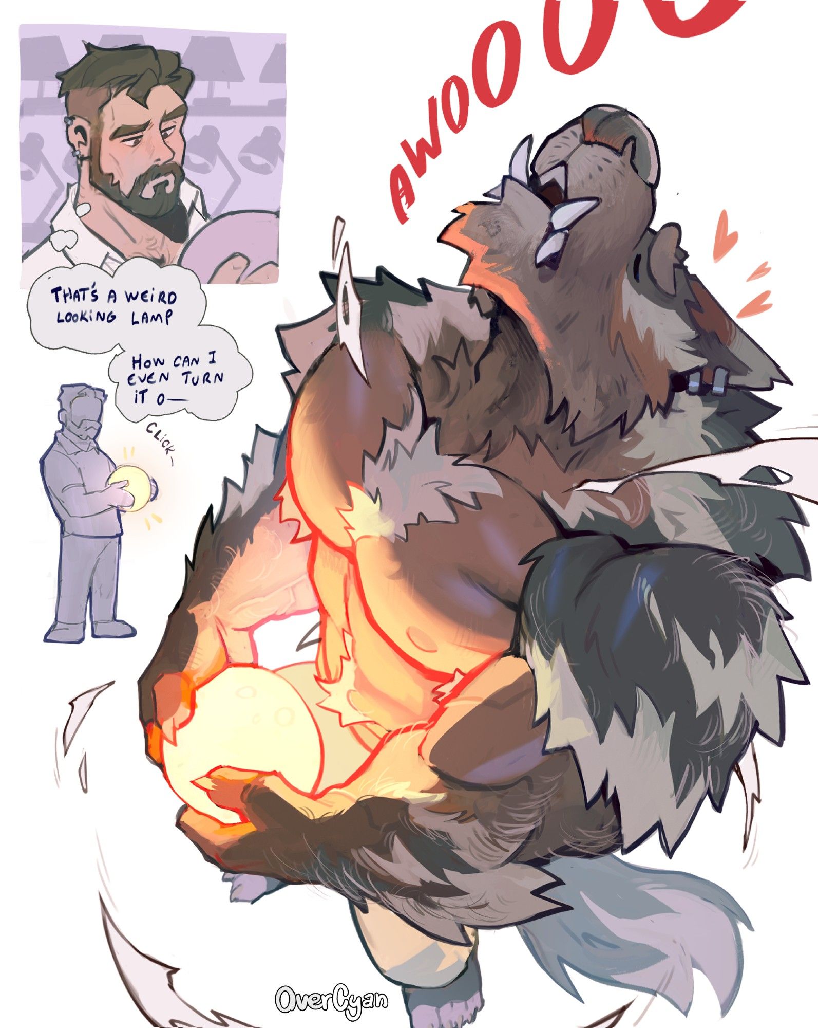 A man shopping for lamps stops pick up a weird, spherical lamp. Suddenly it turns on, looking like the moon, and he impulsively turns into his werewolf form with a howl!