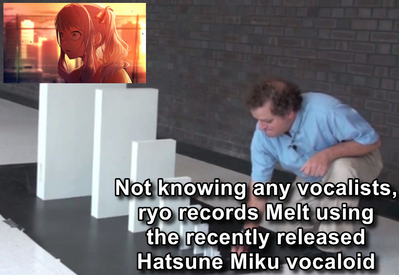 A an image of a man setting up a large set of dominos. The bottom of the image reads "Not knowing any vocalists, ryo records Melt using the recently released Hatsune Miku vocaloid." The last domino has a picture of Mizuki from Project Sekai looking pained.