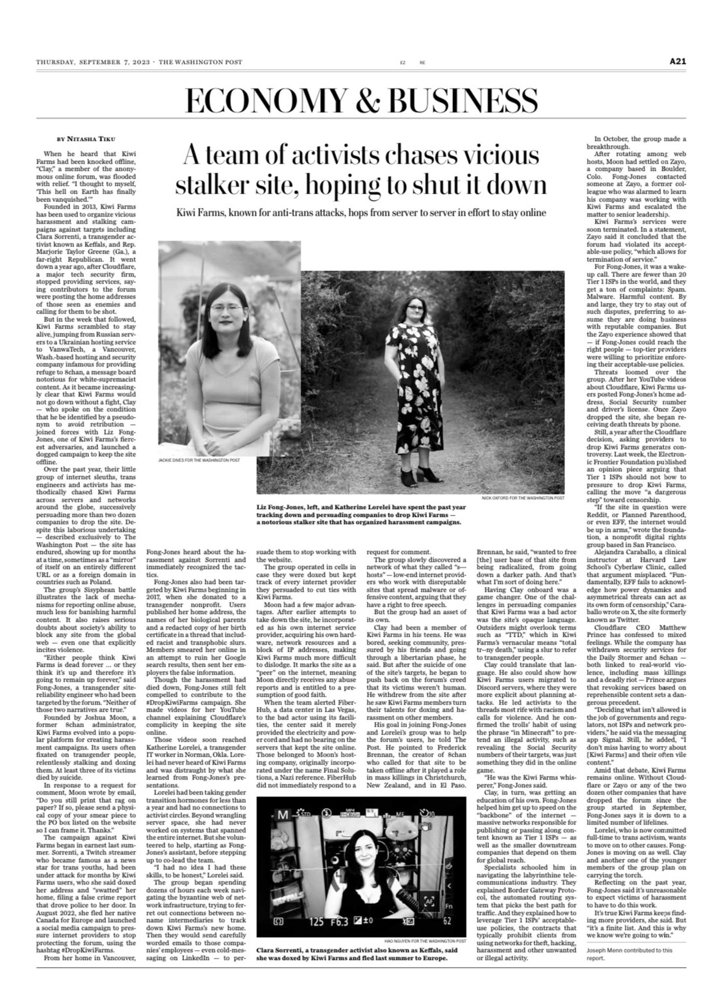 cover of Washington Post’s Business section Sept. 7, 2023, top story about fight against Kiwi Farms, headline “A team of activists chases vicious stalker site, hoping to shut it down”