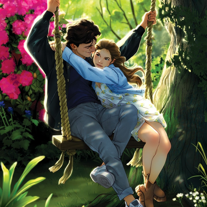 Interpretation of Pierre Auguste Cot's painting "Springtime"; modern couple on the swing in the park