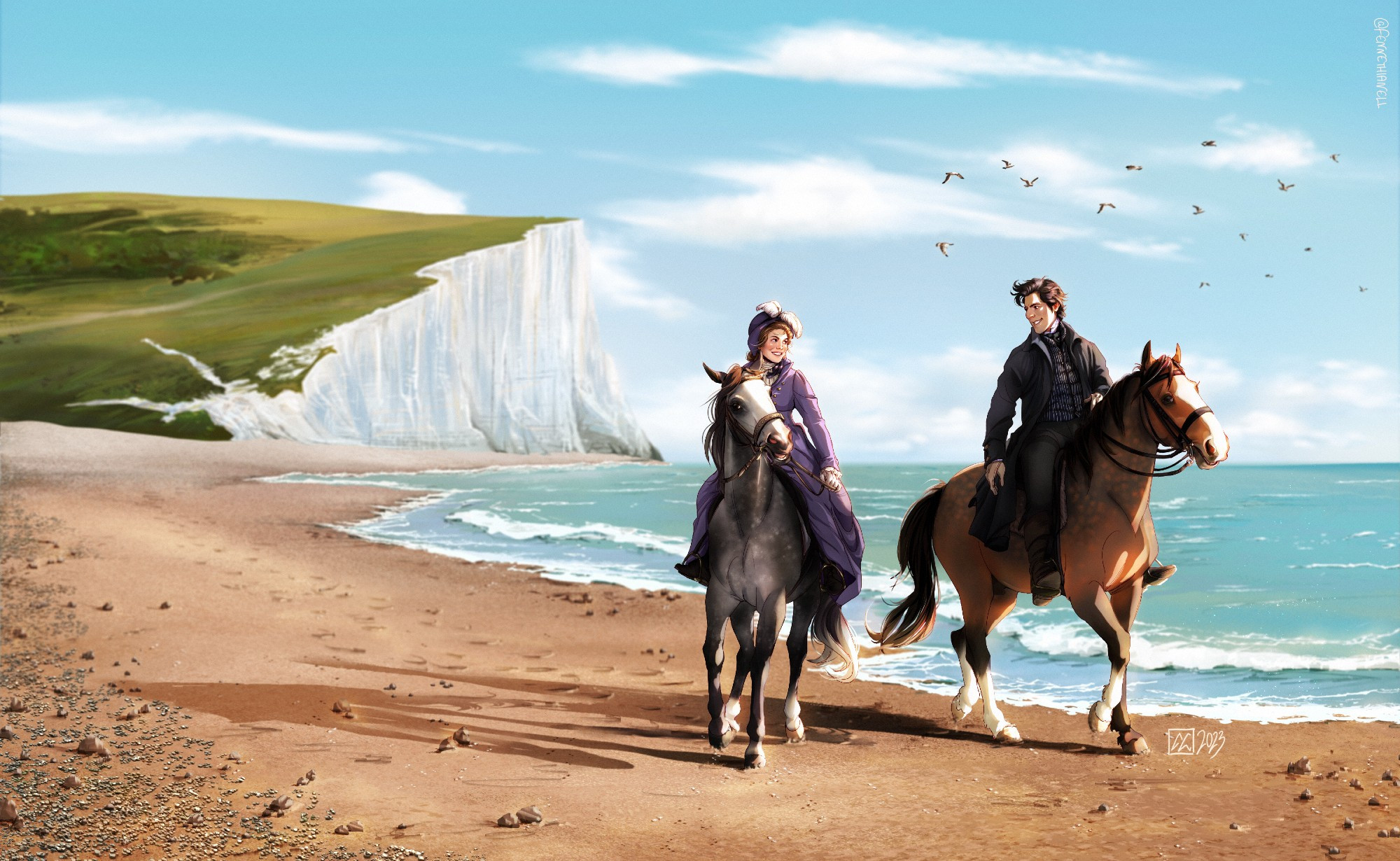 Two characters on horses riding on the beach; Seven Sisters clifs in the background; seagulls flying in the sky