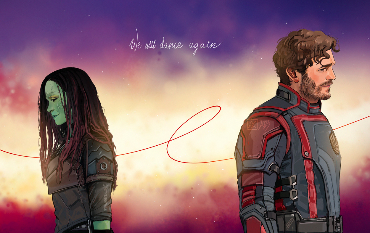 Two characters, Gamora and Peter Quill from Guardians of The Galaxy turned with their backs to each other; purple, red and bright yellow sky in the background; red string going between the characters; "We will dance again" text above the string