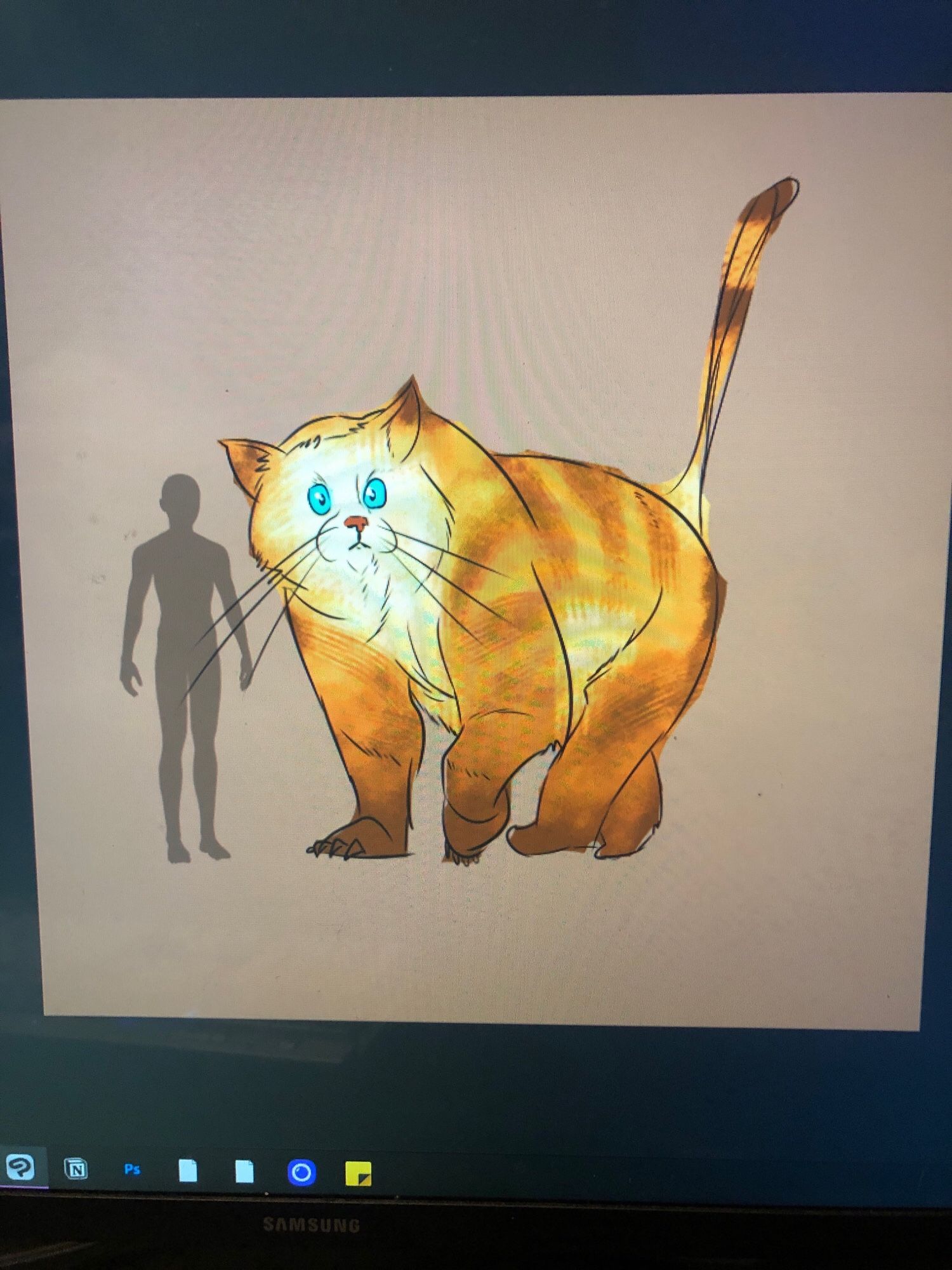 A computer sketch of an animal that is a cross between a grizzly bear and an orange tabby cat (Dire Grizzly Cat), a silhouette of a male body next to it for scale demonstrates the large nature of this beast, well over 6’ tall on all fours.