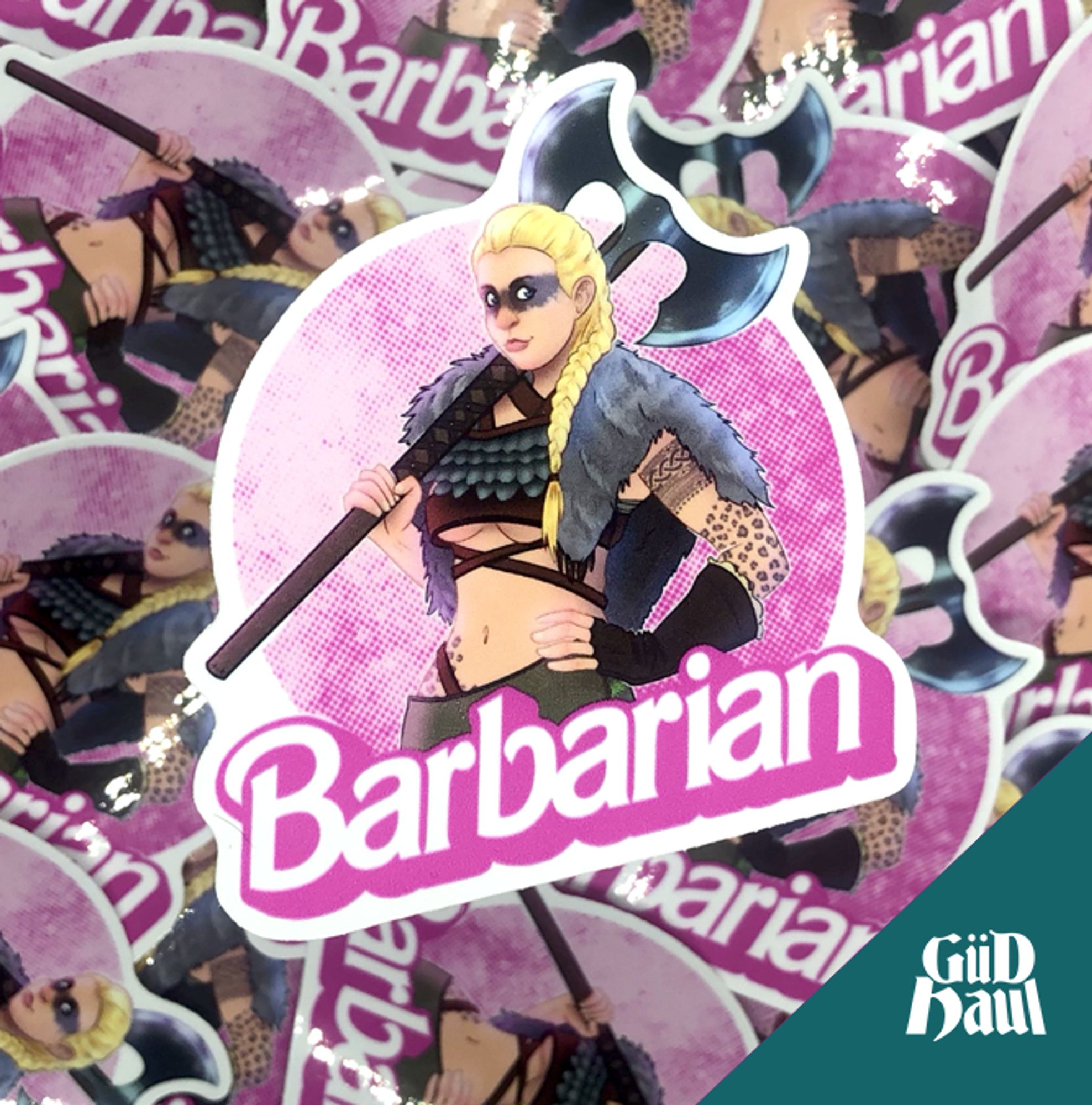 Hi Barbarian! This Barbie knows how to rage and looks great doing it! This one woman wrecking machine is going to smash skulls and outdated patriarchal standards.

Die-cut and printed on high quality UV resistant vinyl and gloss coated to last a long time on all sorts of adventures!

Sticker measures 2.7” x 3.3” Perfect for a laptop, water bottle or dice box!