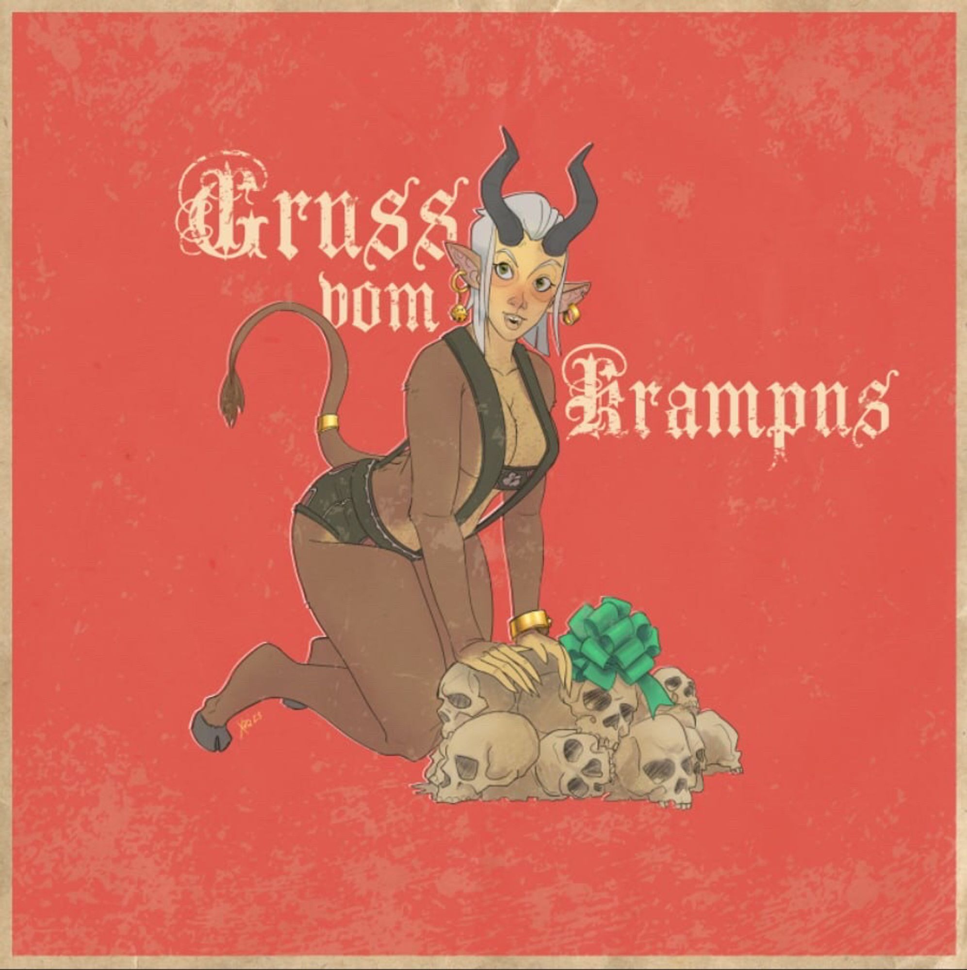 A Gruss Vom Krampus Christmas card featuring a femme version of Krampus leaning over in a pin-up style over a pile of skulls with a green bow on top.