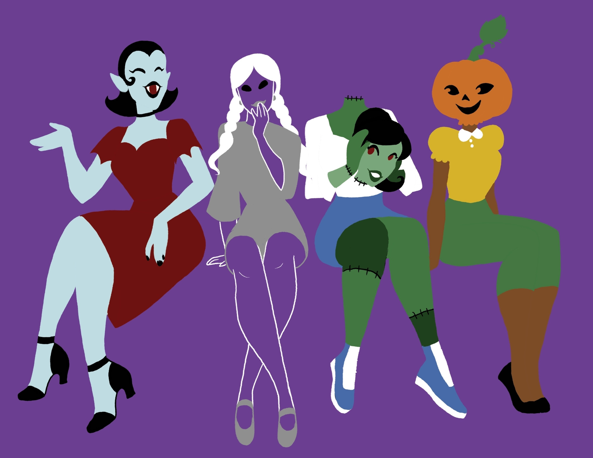 pinup-style girls. a vampire, ghost, zombie and pumpkin girl sitting in a row. the zombie girl is holding her head