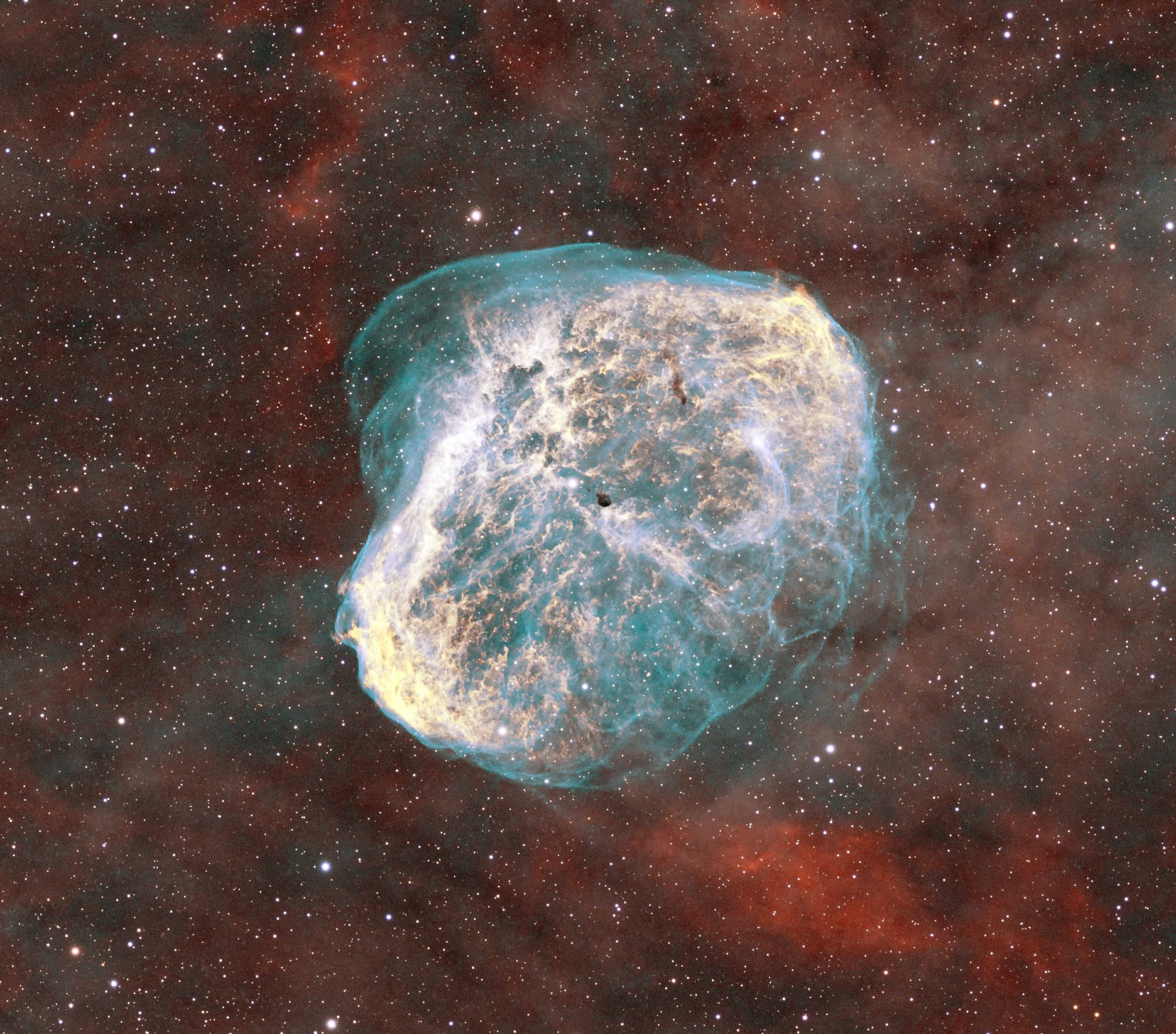 NGC6888 shot with a mono camera. Narrow band subs all at 120s. 144xH-alpha; 402xO-III. RGB subs : 50x30s for each RG canal. Shot with a Poseidon-M monochrome camera, Baader 6.5nm narrow band filters, and Antlia V-Pro RGB filters. Scope used: Astrophysics 130mm refractor @f/5.2