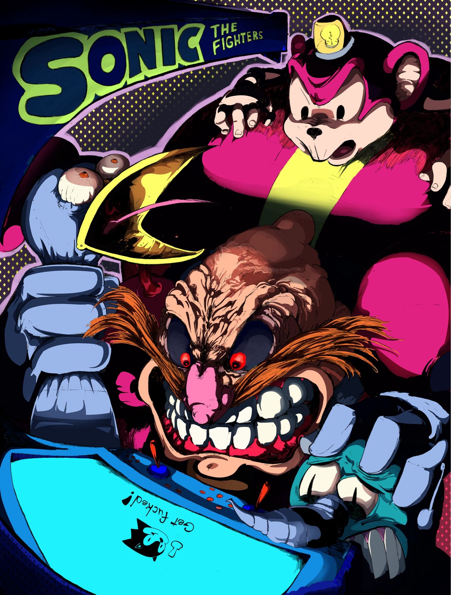 Dr Robotnik from Adventures Of Sonic The Hedgehog getting mad that he lost after the computer handed him his ass at Sonic The Fighters. So mad that he chokes Scratch and grasps Grounders head like a small child. The robot chimp is there too, I think his name was Cereal or something.