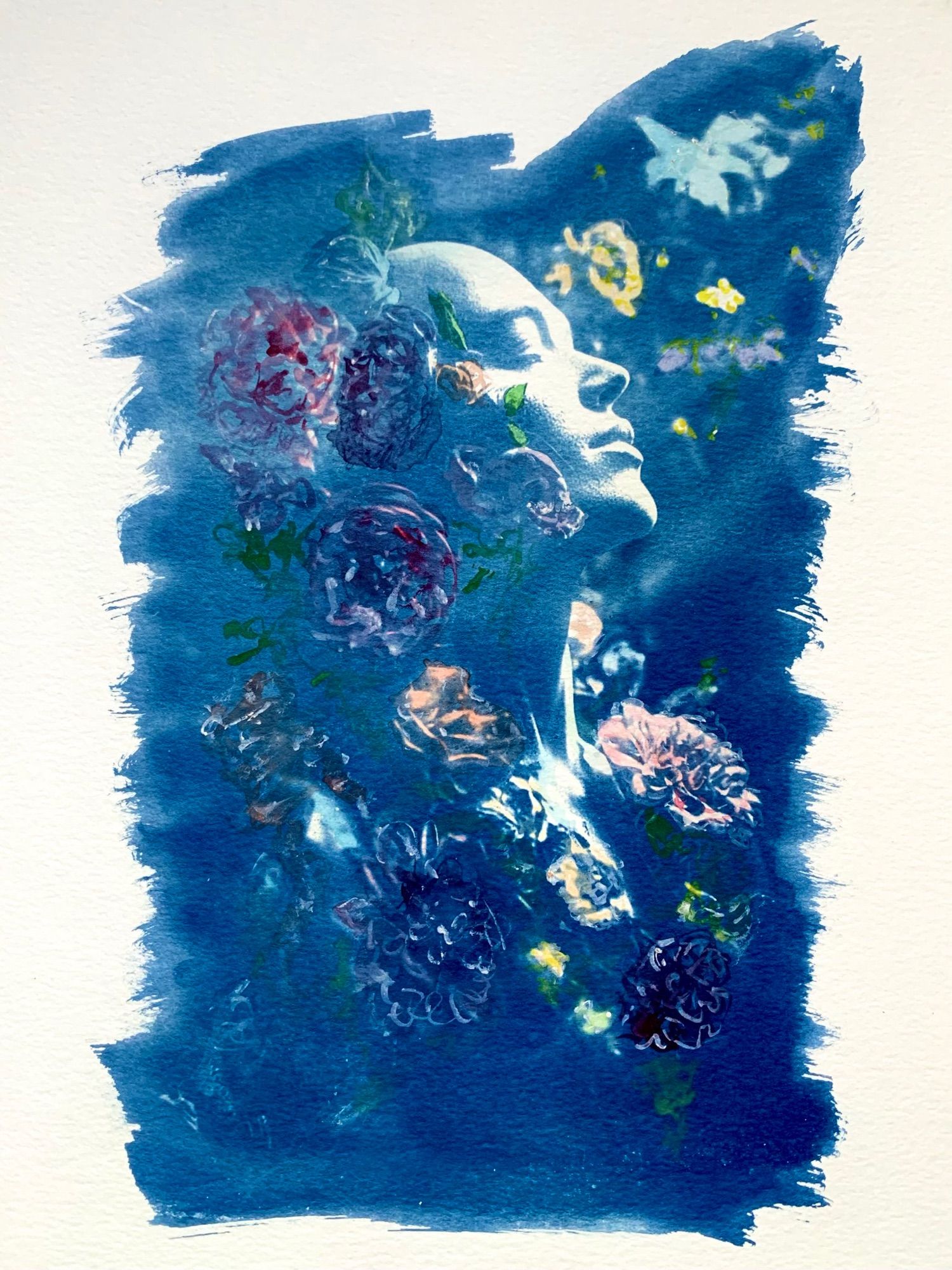 Process: physical artwork that was created by using the Cyanotype process with an A.I. negative, then painted with watercolor. 