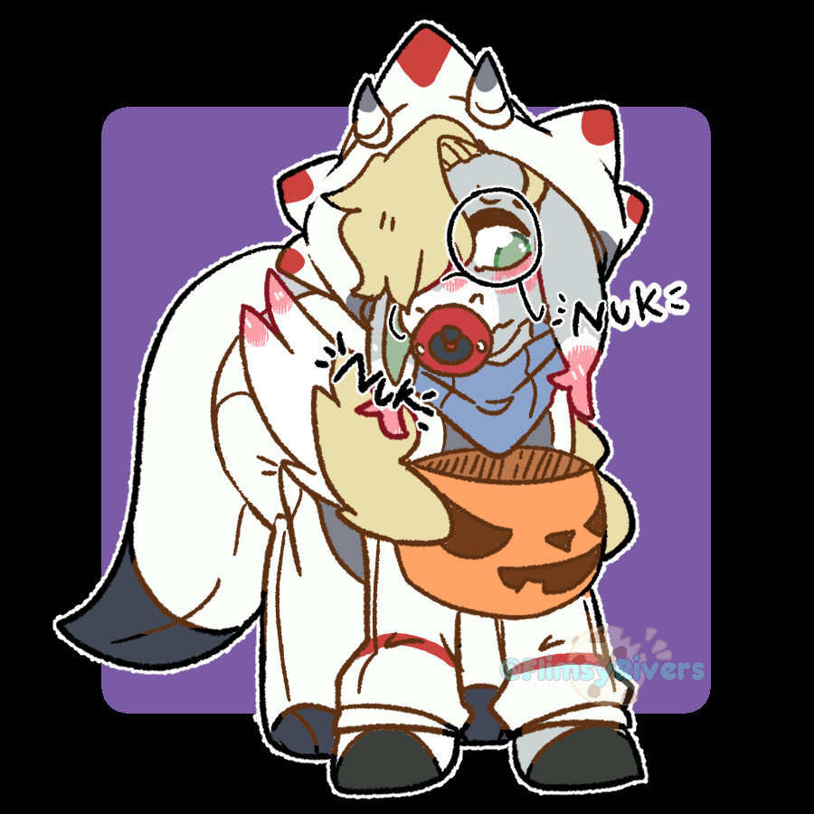 Fickle in a gammamon kirugumi and a paci trying to get candy for Nightmare Night