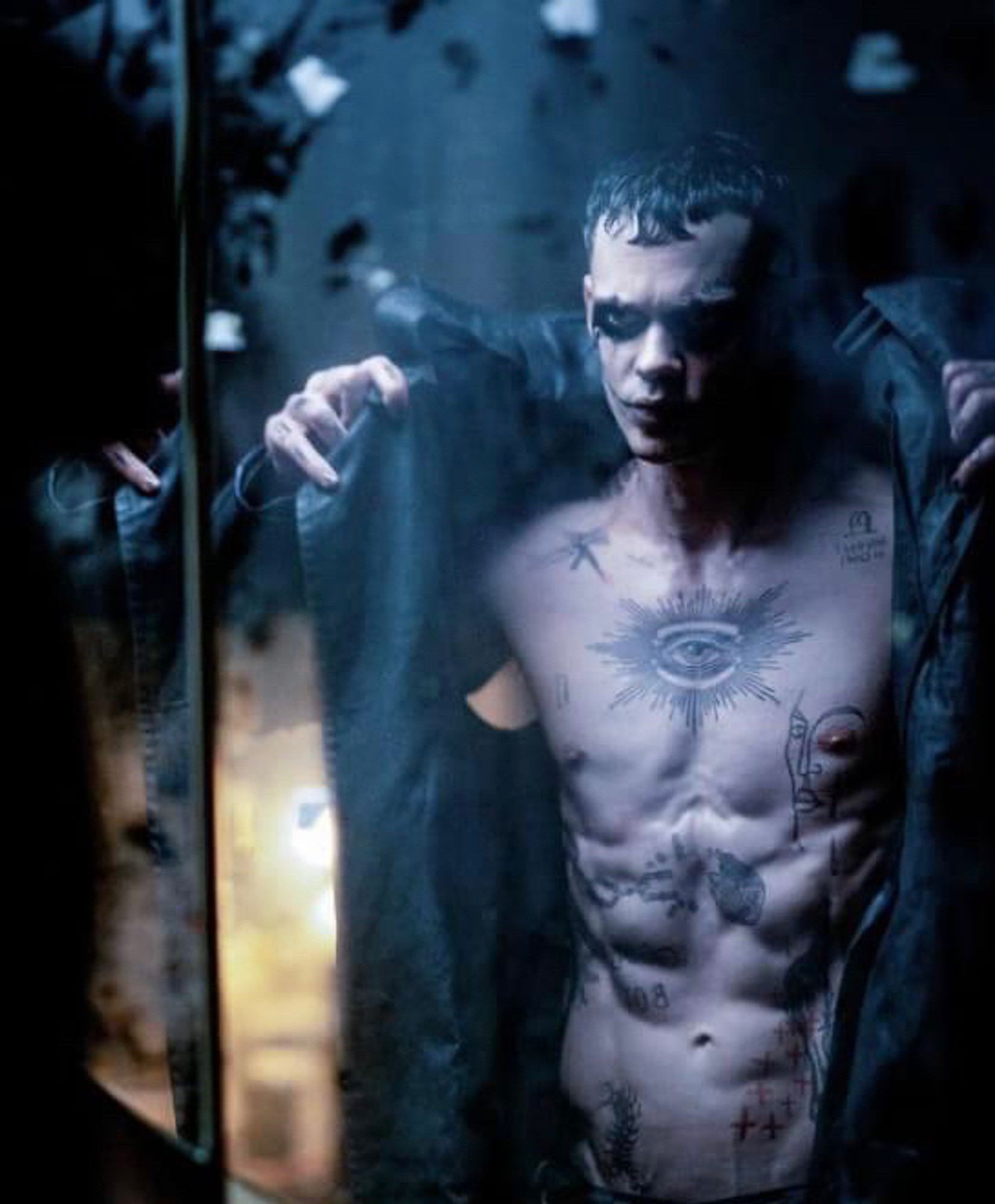 Promotional image from “The Crow” movie remake / reboot showing Eric Draven’s torso covered in tattoos