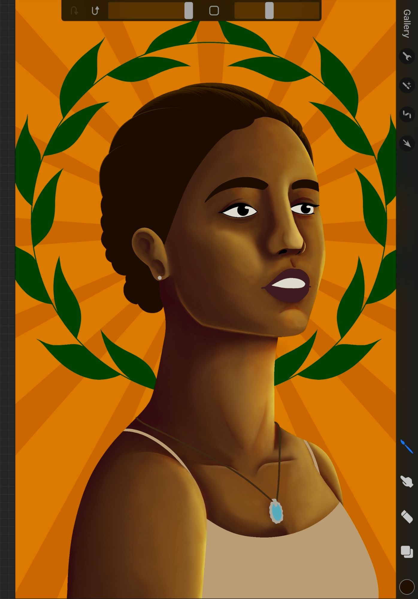 Image is a Procreate screenshot showing a bust drawing of a dark-skinned young woman with yellow and orange rays coming from behind her head and a green laurel framing her face. She has brown hair wrapped in a braided bun and is looking off screen with a neutral expression. The drawing is unfinished but the colors are blocked in and the skin is shaded