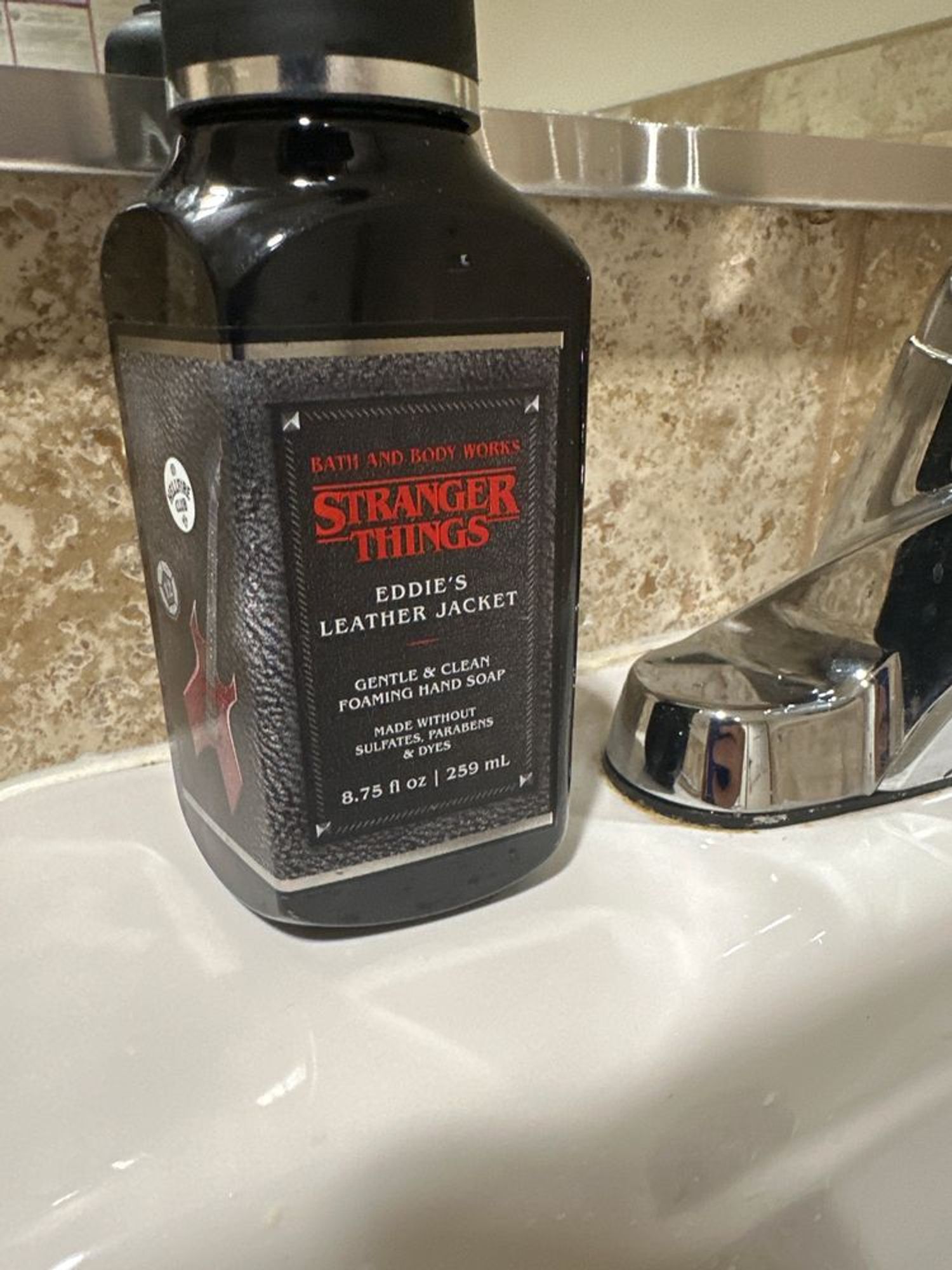 A bottle of hand soap that is labeled Stranger Things Eddie’s Leather Jacket. Which exists for some unknown reason.