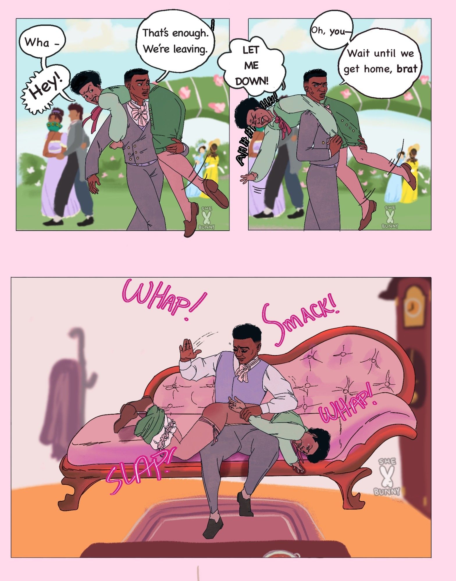 In the top two panels, A man in a suit picks up his spouse and carries them away. He grows annoyed as his spouse gets upset and yells, catching the attention of people in the back ground. 

In the bottom panel, the man spanks his spouse.