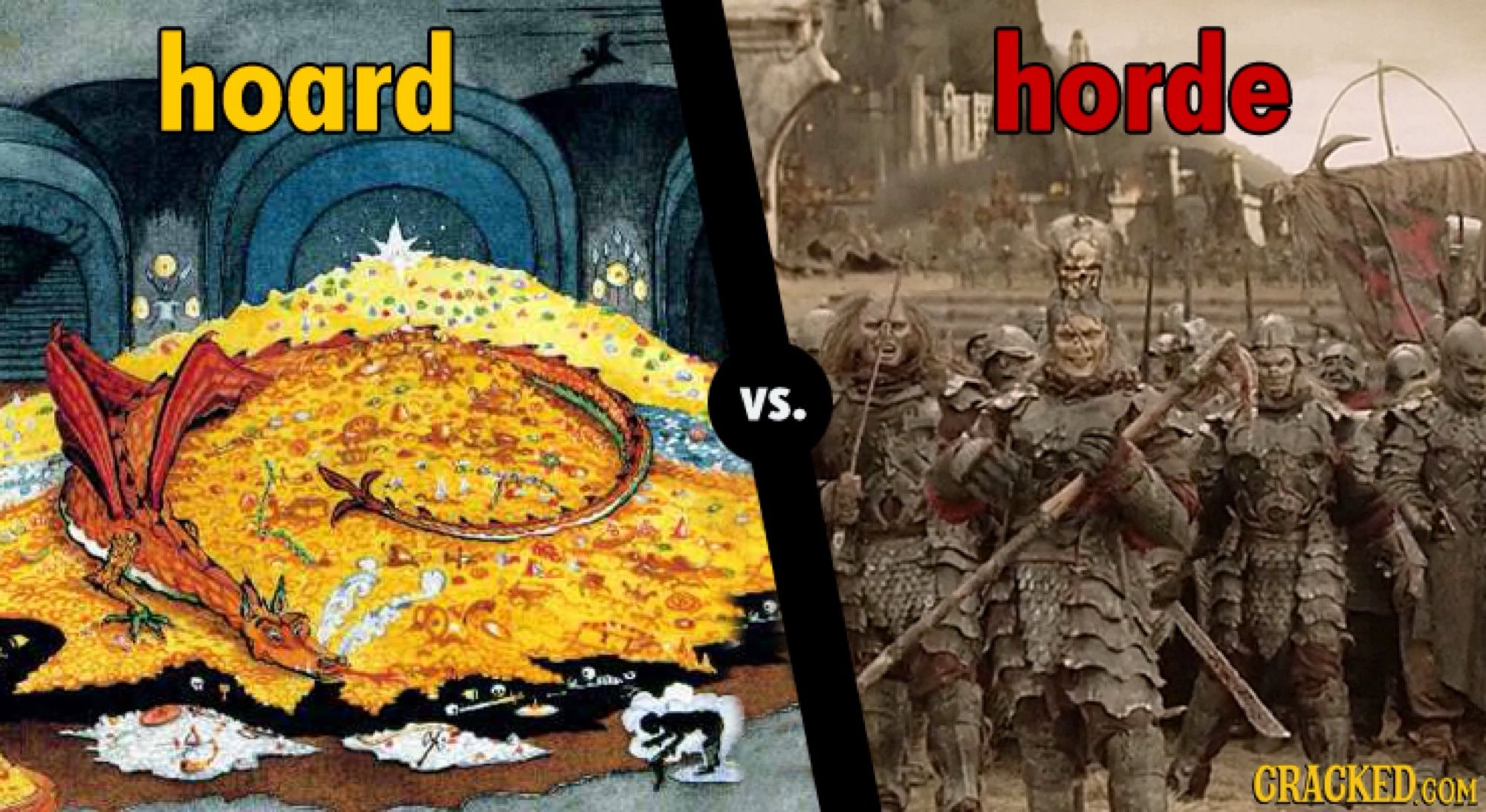 An infographic. On the left, a picture of a dragon on a pile of gold labeled “hoard.” On the right, a large group of vicious orcs labels “horde.”