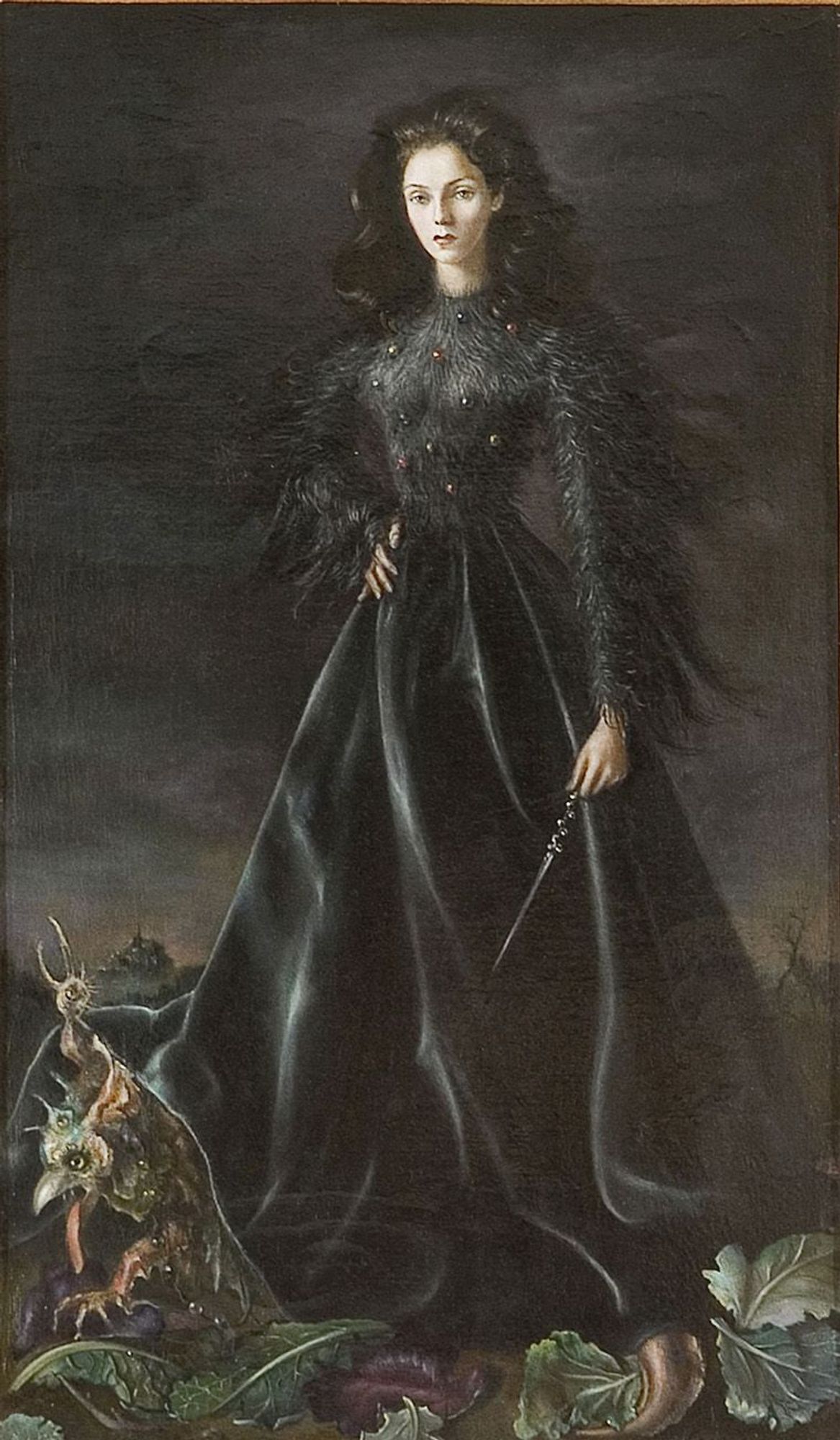 A painting of a woman in a floor-length black gown with a bodice covered in black feathers and jewels. She is holding a dagger.