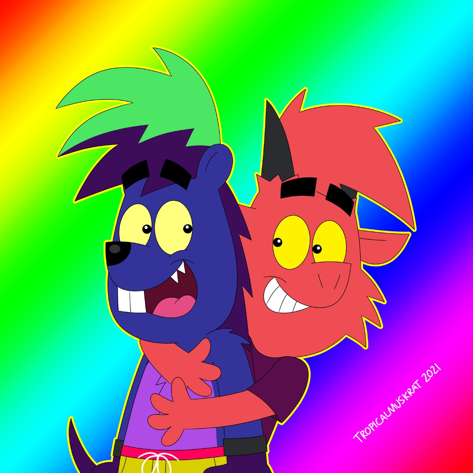 Clyde the muskrat (the fursona of mine that only lasted 2 months) and Chaz the goat (back when he was called "Packba") together. This relationship from June 2021 can be considered to be Chaz's first such relationship!