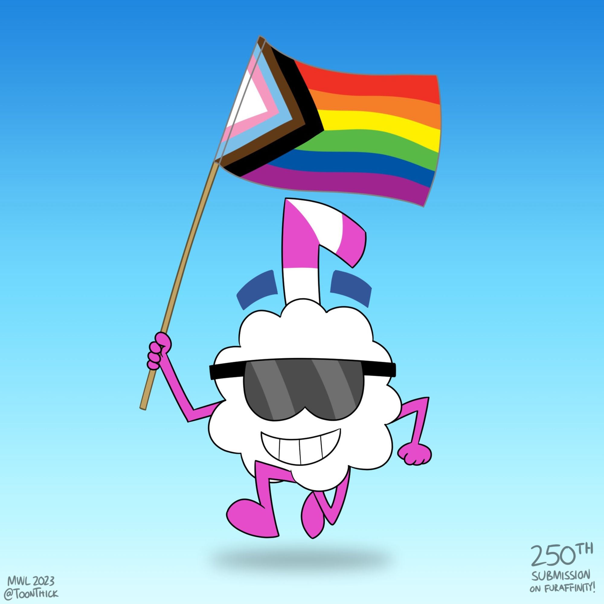 Seb (back when it was called "Lil' Thick"), the mascot of ToonThick, running with the progress pride flag (June 2023)