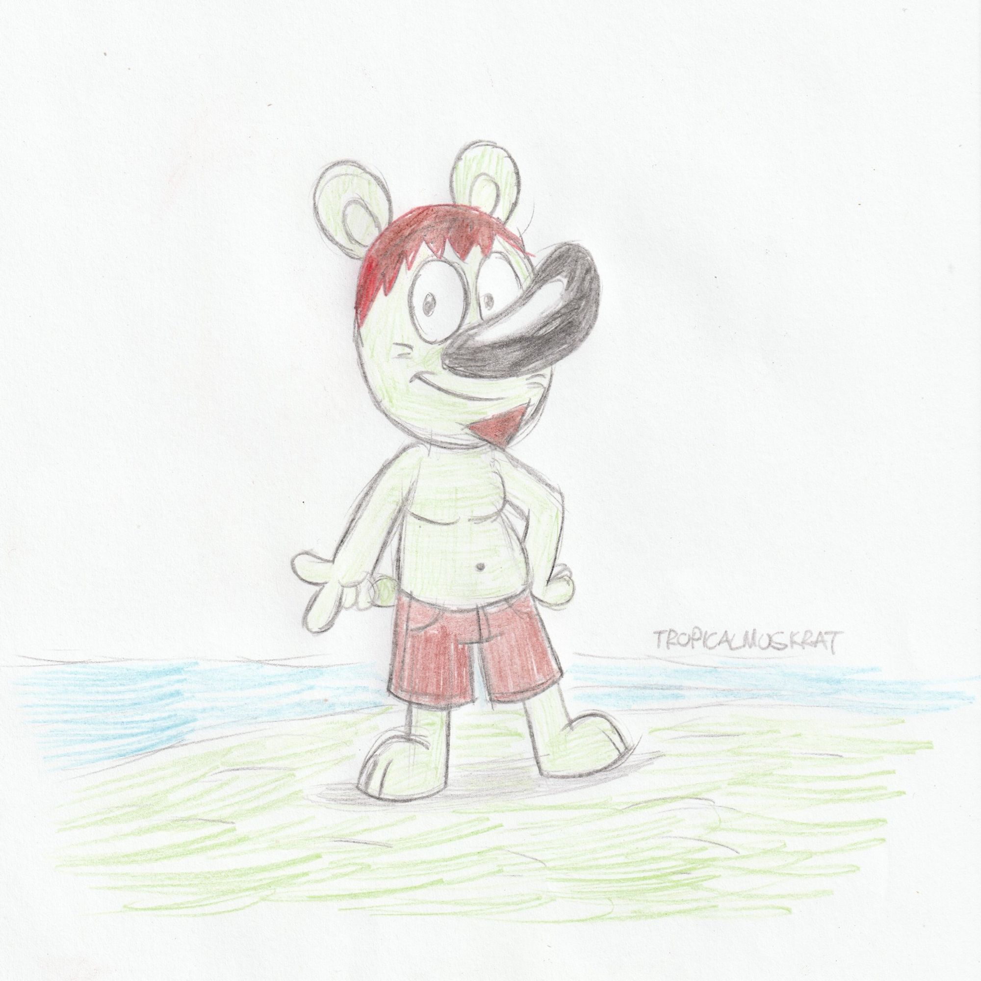 A traditional drawing from June 2020, of Chavapa the Bear at the beach.