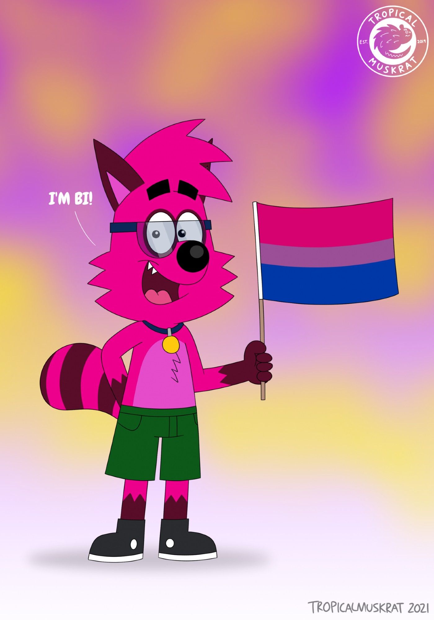 Thickshake Tanuki with the bisexual flag (June 2021)