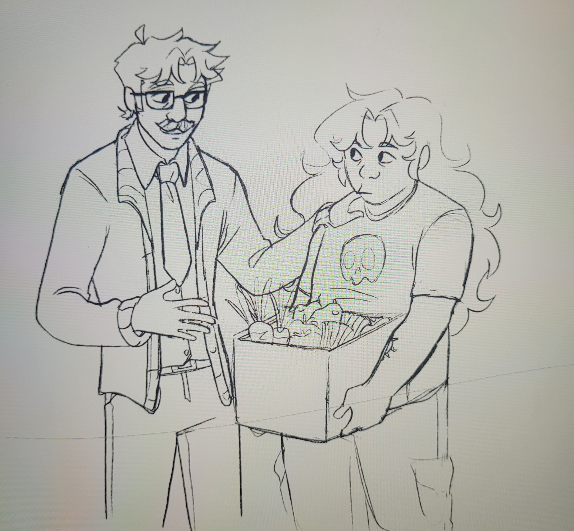 Plain black and white sketch of harvey from stardew valley talking to the farmer holding a box of produce