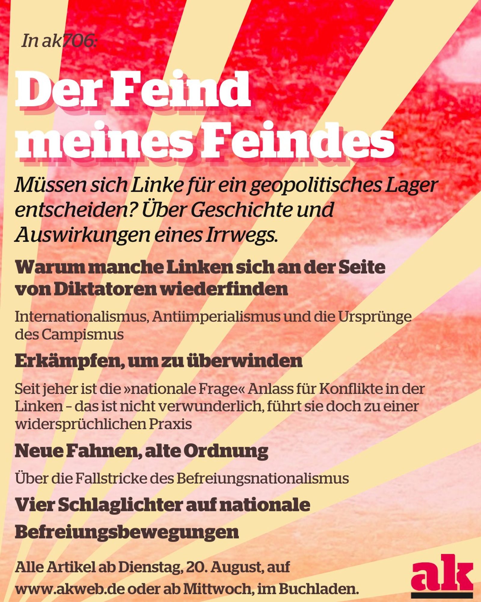 Der Feind meines Feindes: Müssen sich Linke für ein geopolitisches Lager entscheiden? Über Geschichte und Auswirkungen eines Irrwegs.
Warum manche Linken sich an der Seite von Diktatoren wiederfinden
Internationalismus, Antiimperialismus und die Ursprünge des Campismus
Erkämpfen, um zu überwinden
Seit jeher ist die »nationale Frage« Anlass für Konflikte in der Linken – das ist nicht verwunderlich, führt sie doch zu einer widersprüchlichen Praxis
Neue Fahnen, alte Ordnung
Über die Fallstricke des Befreiungsnationalismus
Vier Schlaglichter auf nationale Befreiungsbewegungen