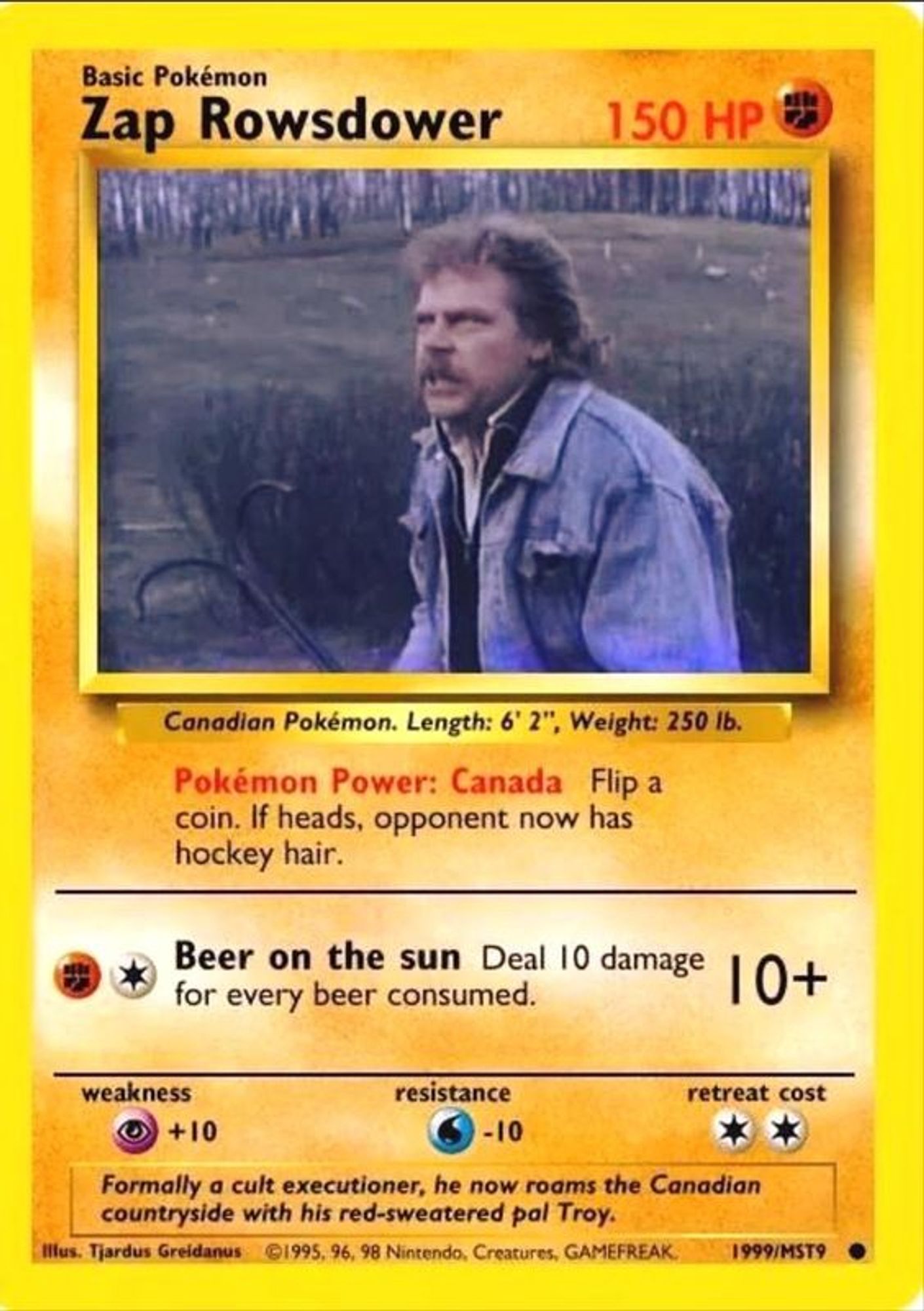 Golden Pokémon card showing Zap Rowsdower movie character from 'The Final Sacrifice' that was popular humor for another show, 'Mystery Science Theater 3000'