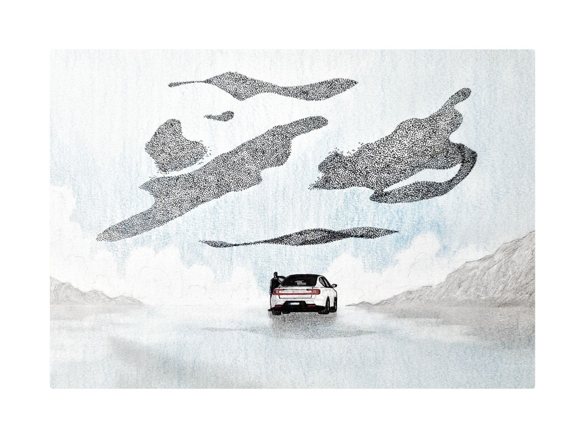 Traditional drawing with an flock of starlings flying above an Salt Lake Desert, while there's a person whit his white car. On the backgrounds there are mountains