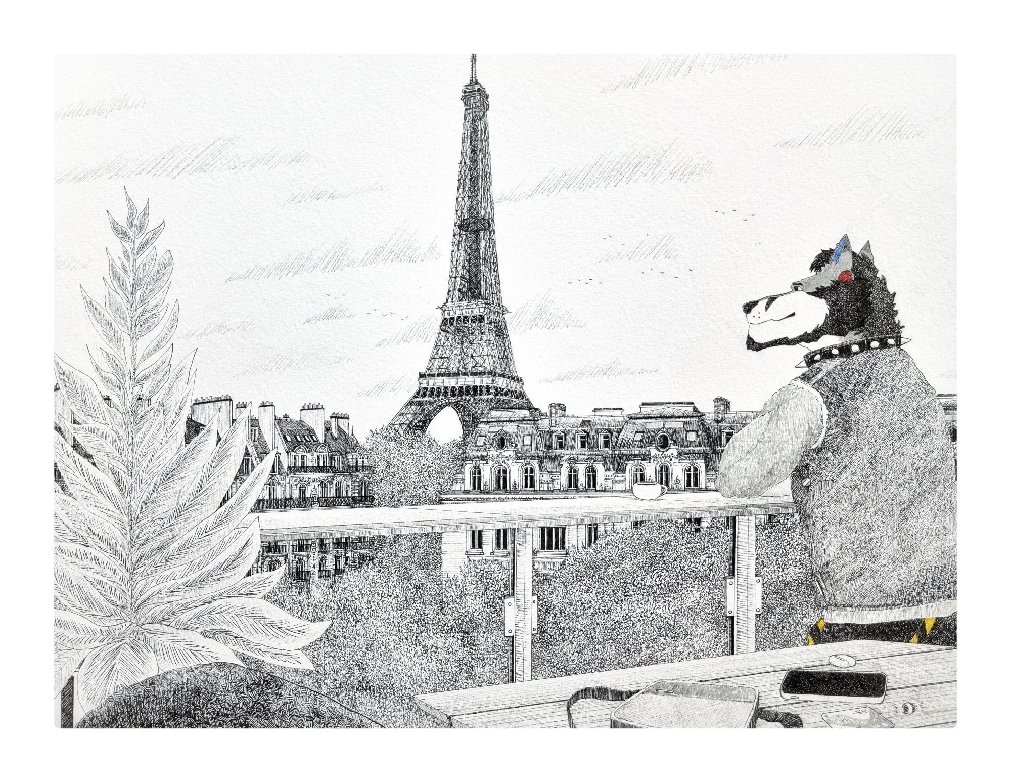 Traditional drawing with a balcony wiev with Eiffel Tower in the background in Paris with a wolf in the right named Kyoju for his birthday gift, finished in September 2024