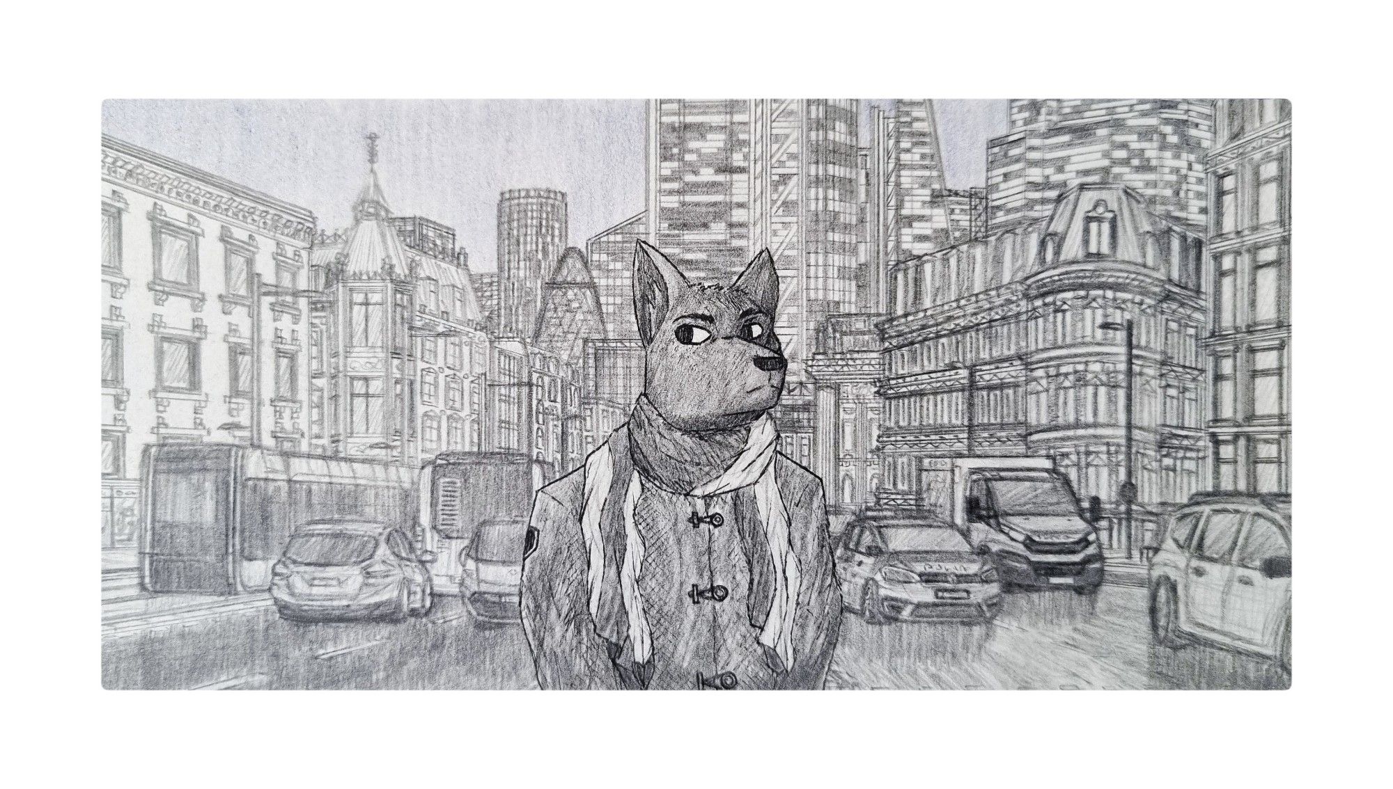 Traditional art with an anthropomorphic wolf standing on the crosswalk in a financial district in London with many office buildings in the background and heavy traffic.