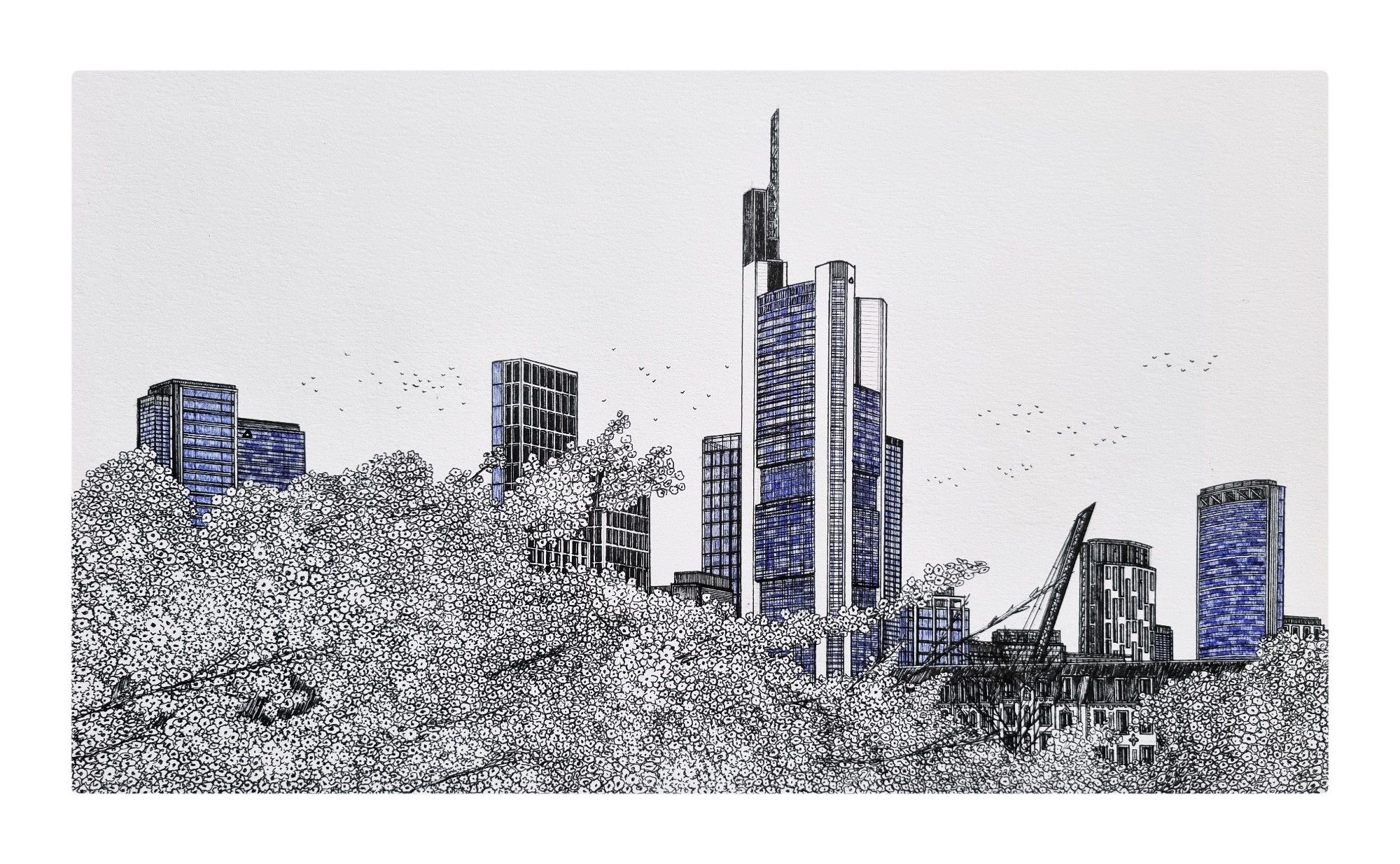 Traditional art with the landscape spring of Frankfurt city, Germany, with the monochrome blue on the skyscraper windows, made back in March 2022.