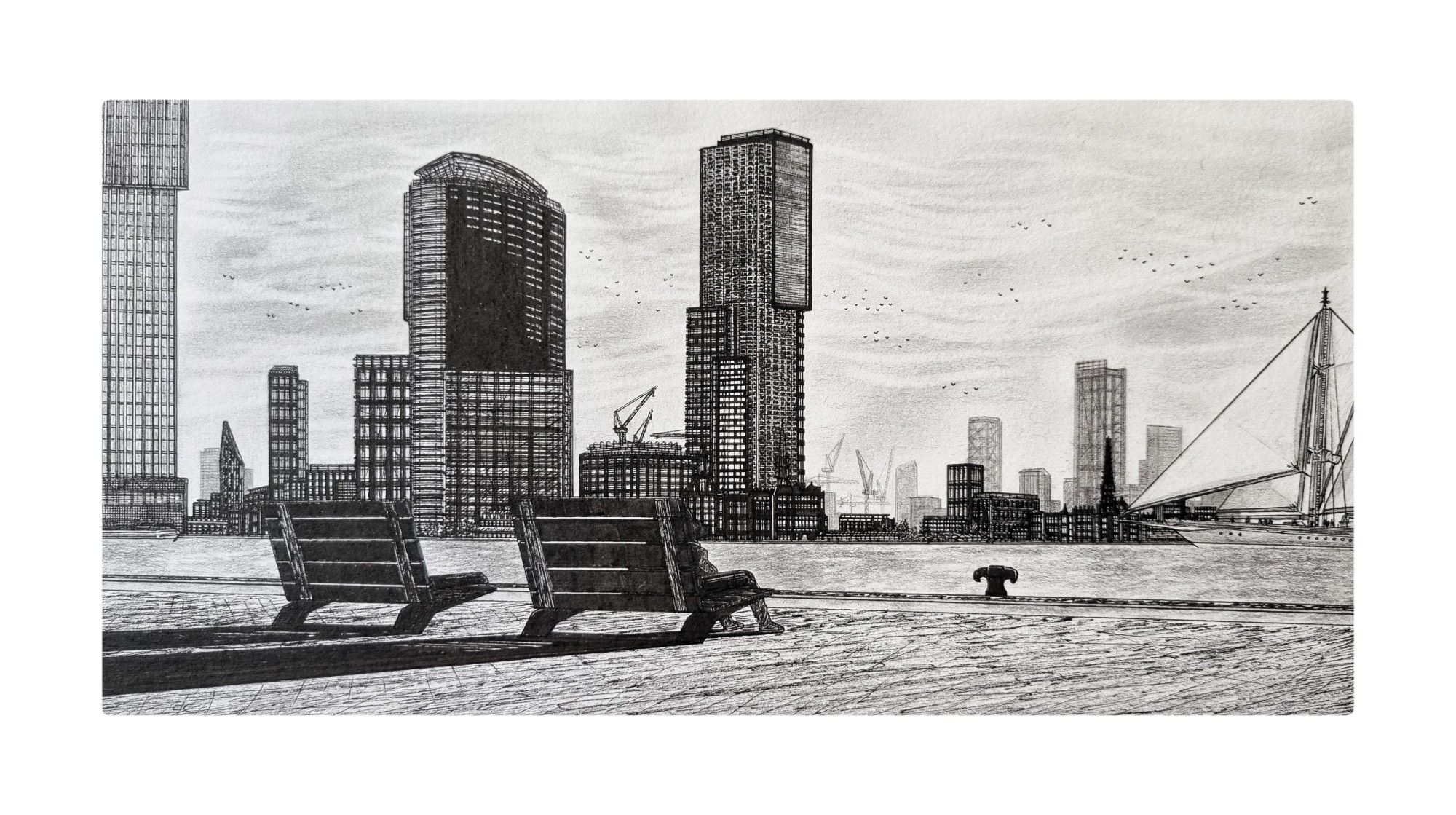 Traditional art with the Rotterdam landscape on the afternoon with an anthropomorphic character sitting on the bench and watching the Rotterdam skyline with many skyscrapers in the background and a large wood ship in the right, finished in May 2022