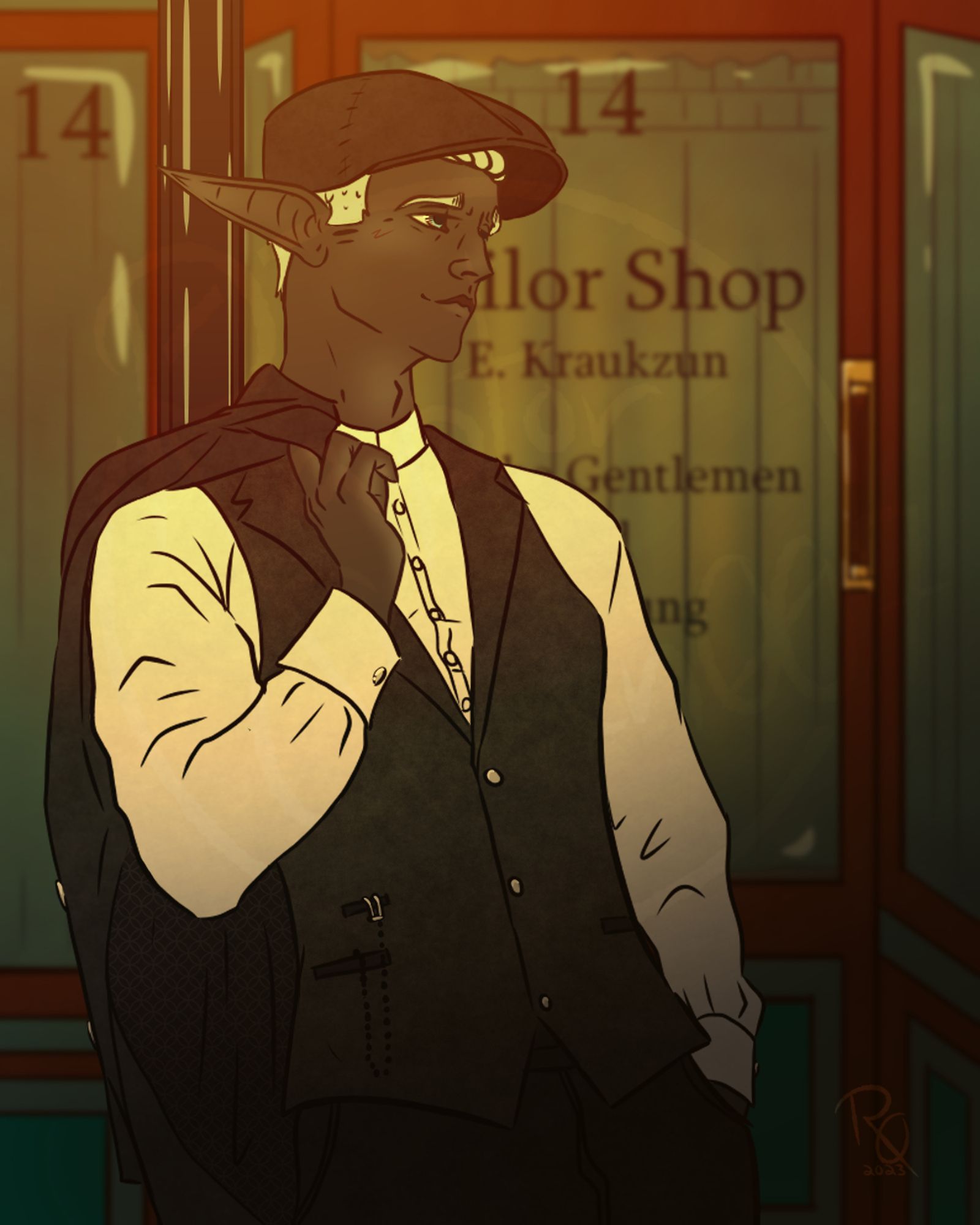 A digital drawn picture of a drow elf named Erich, standing in front of his tailor shop in a nice vest and button up, pants, vest held over his shoulder and black worker hat.