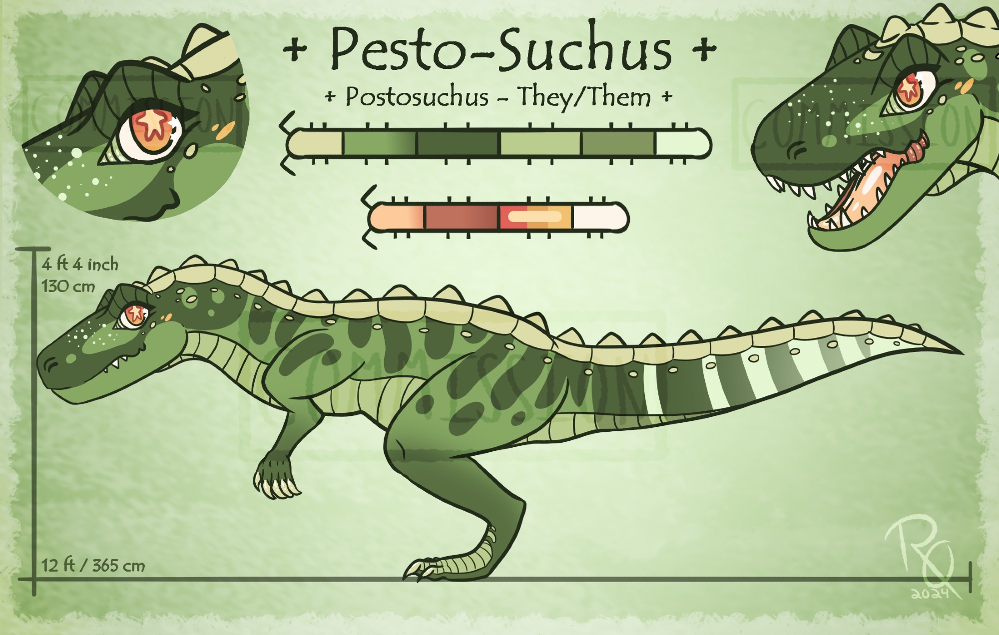 A digitally drawn character reference for Pesto. There is a clean horizontal length reference of the postosuchus, a close up of their eye and of their open mouth and head. There are color wheels in the shape of centipedes and text: " Pesto-Suchus. Postosuchus, they/them."