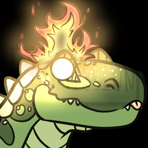 A digitally drawn emote of Pesto looking in the distance with flashy round white eyes and their head on fire. Its inspired from an alligator photography.