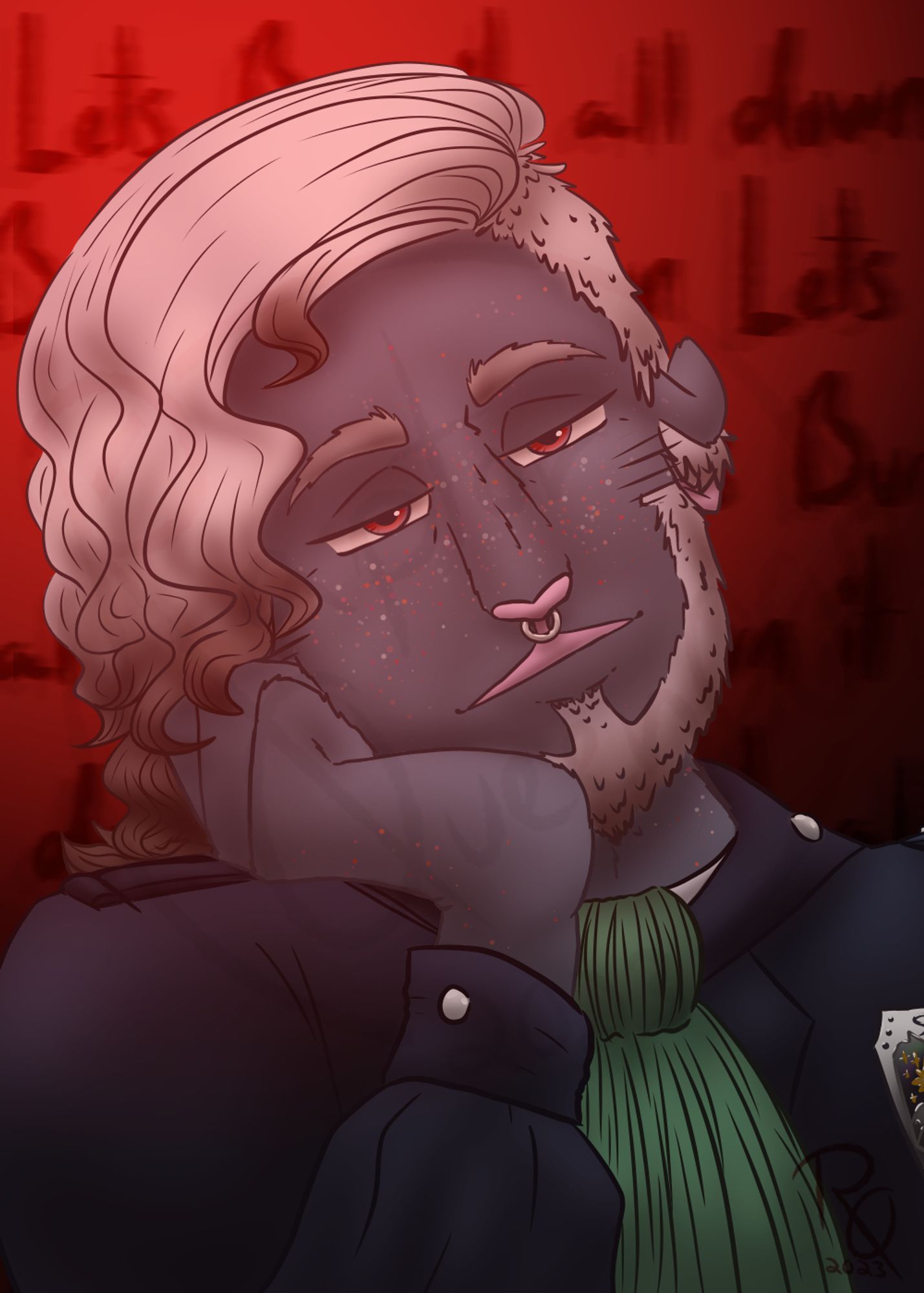 A digitally drawn portrait of Syrius, a firbolg druid, leaning his head onto his hand and gazing directly at the viewer with a faint smile and intense almost flirty gaze, half lidded. He seems not quite his usual self, with red eyes and freckles. The background is red and has the words " Lets burn them all down" written in repeated randomized and distorted patterns.