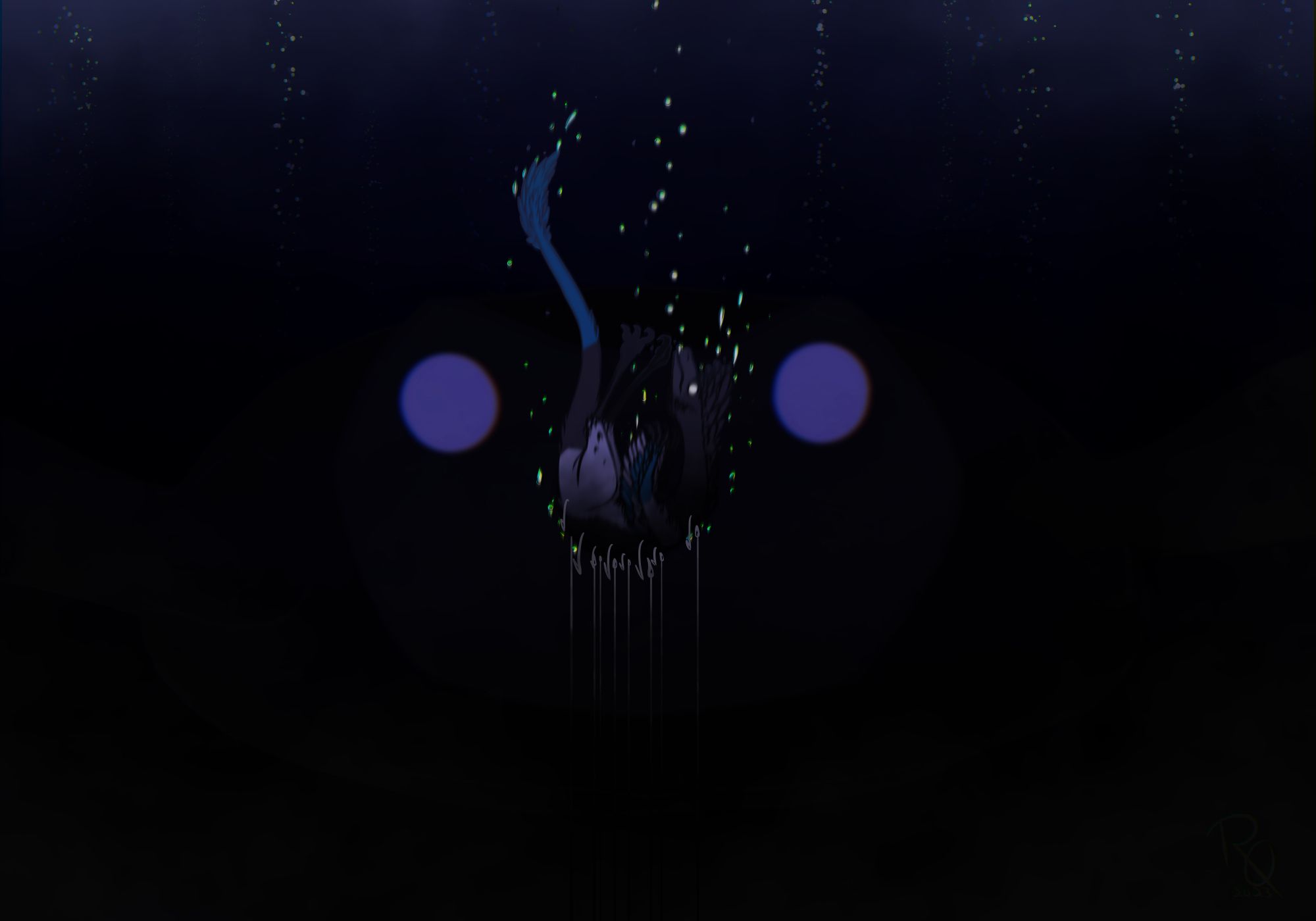 A digitally drawn haunting scene deep bellow the ocean's surface. Magpie, my raptor and magpie bird hybrid OC, is hooked by many silver hooks and being dragged rapidly towards the bottom. Bubbles escape her mouth, her eyes wide with light and panic. Right behind her, hiding its size and shape in the dark tides, is a large prehistoric creature. Its getting closer, its round eyes white and bright, contrasting with the darkness. In the background, many strings of bubbles coming from distant various distances glow. The bottom is grey, colorless, contracting with the more saturated and deep blue above.