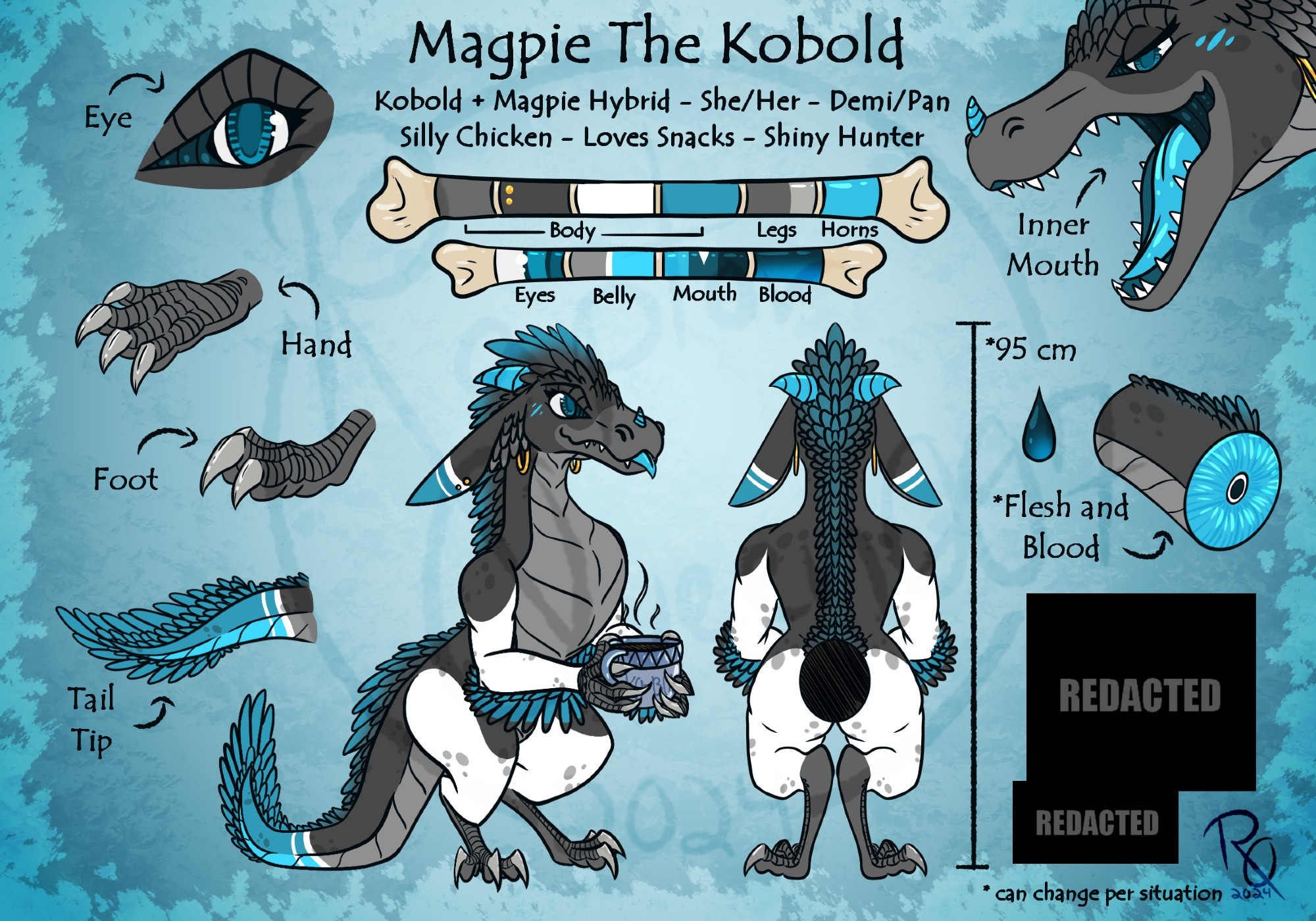 A digitally drawn character reference for Magpie's Kobold form, colors, angles and more.