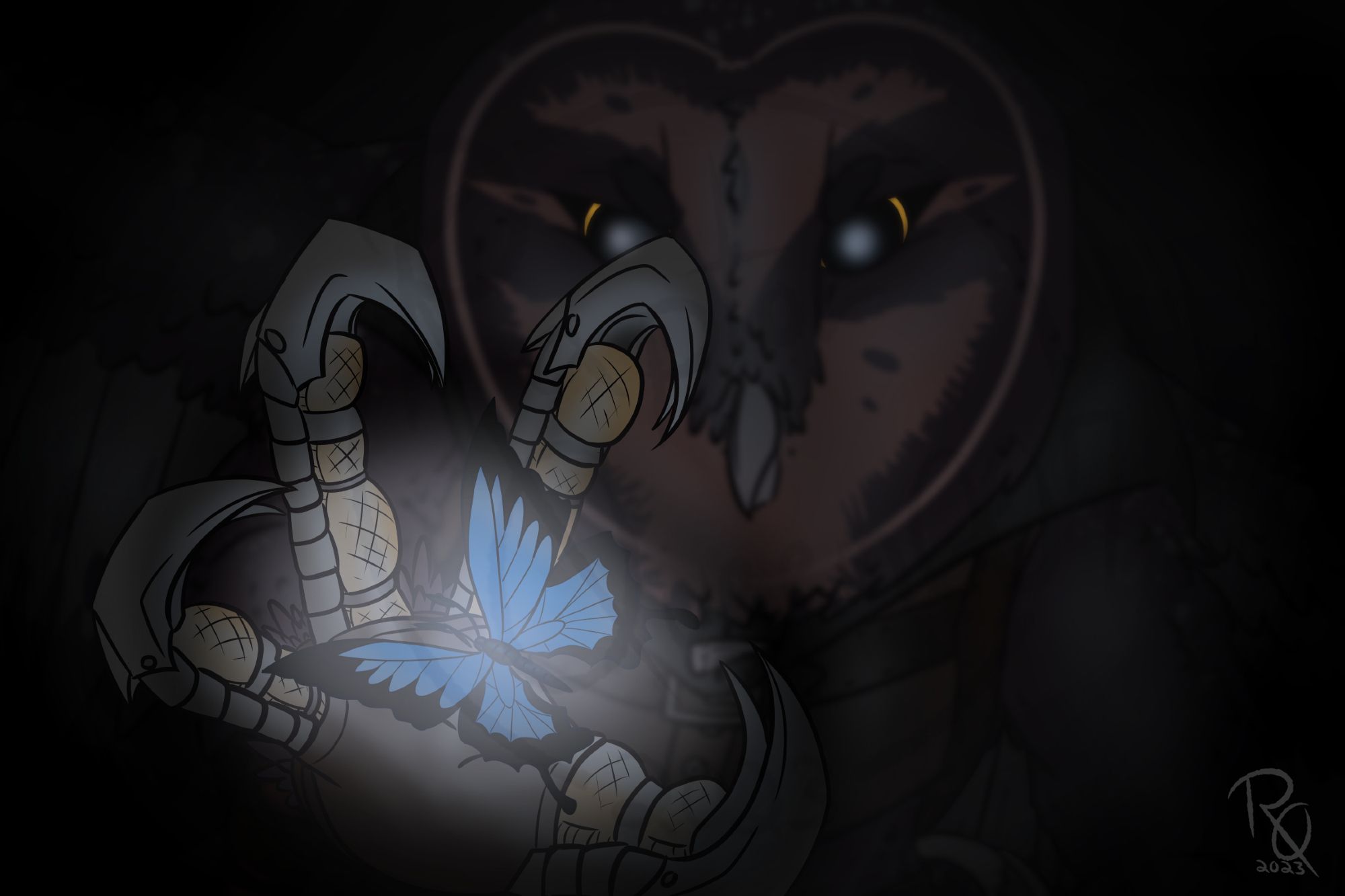 A digital drawn dynamic scene featuring my owlin OC, Lyranthir. Its pitch back and he flies towards you, focused on catching a glowing blue butterfly with his claw gauntlet, right in your focus.