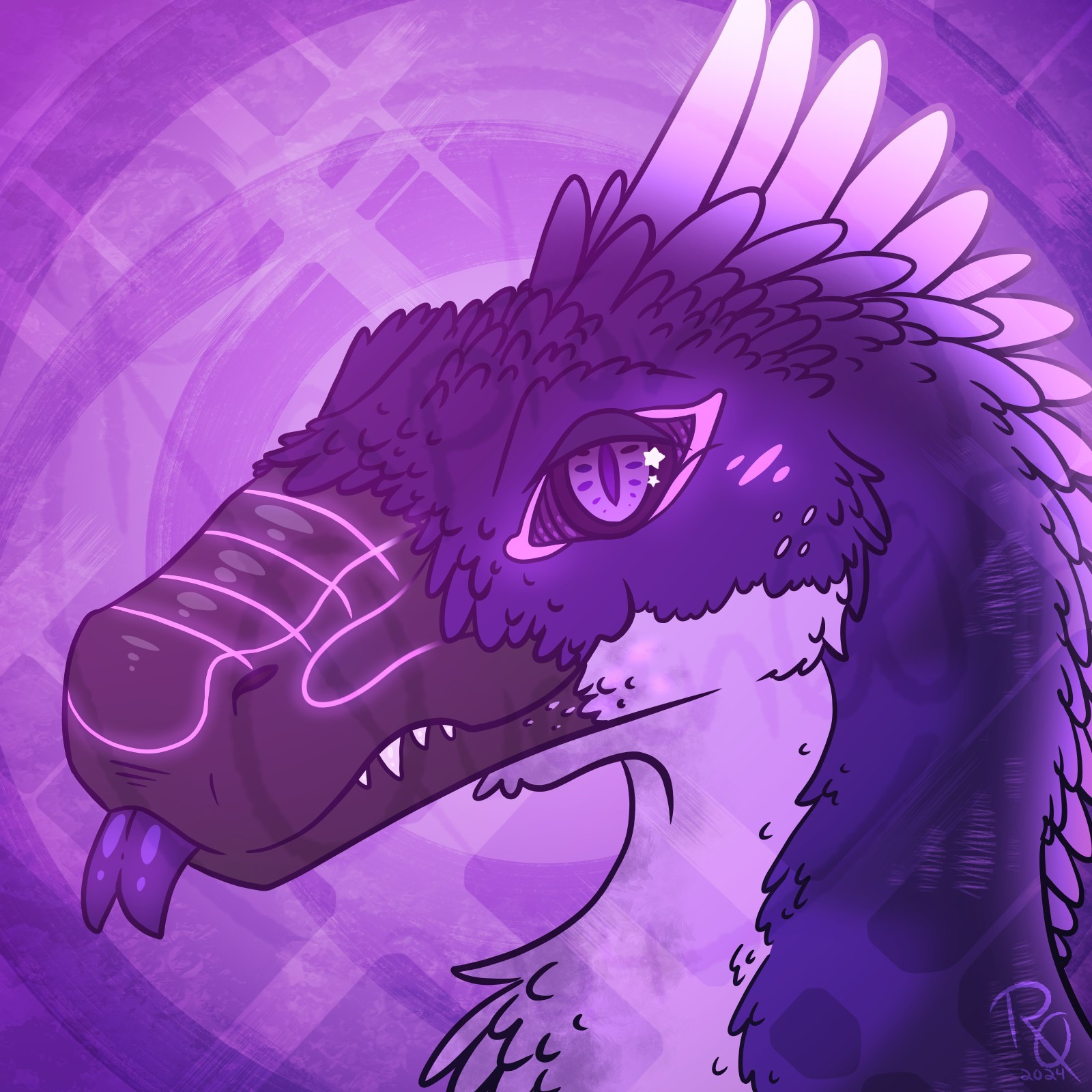 A digital portrait of Nightstalkerpng's dino form doing a silly blep.