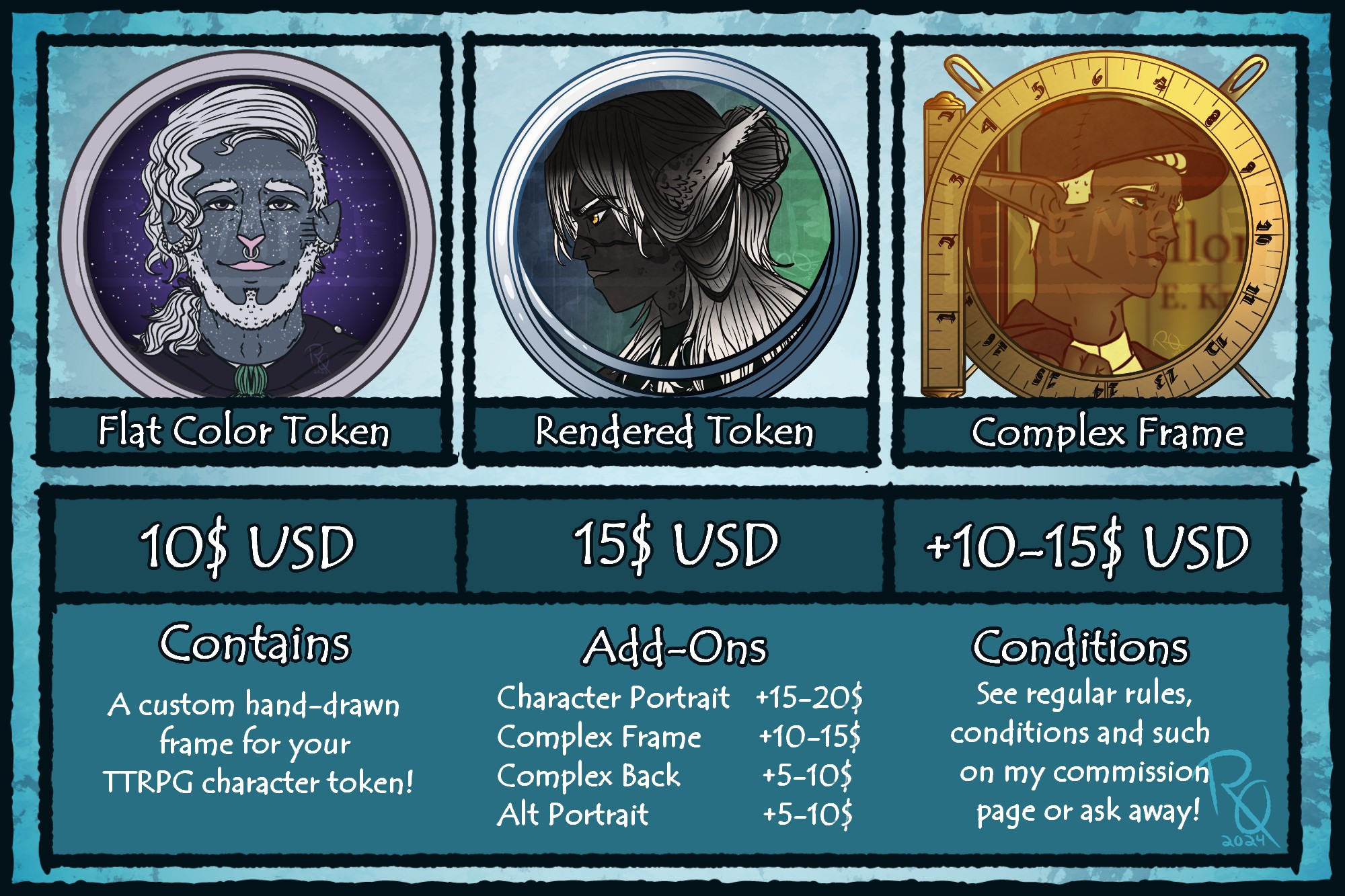 A digitally drawn commission chart depicting various TTRPG digital hand drawn token frames with different levels of details for various prices from flat color and to rendered to complex, a description of the product, a list of Add-On options and a conditions section.