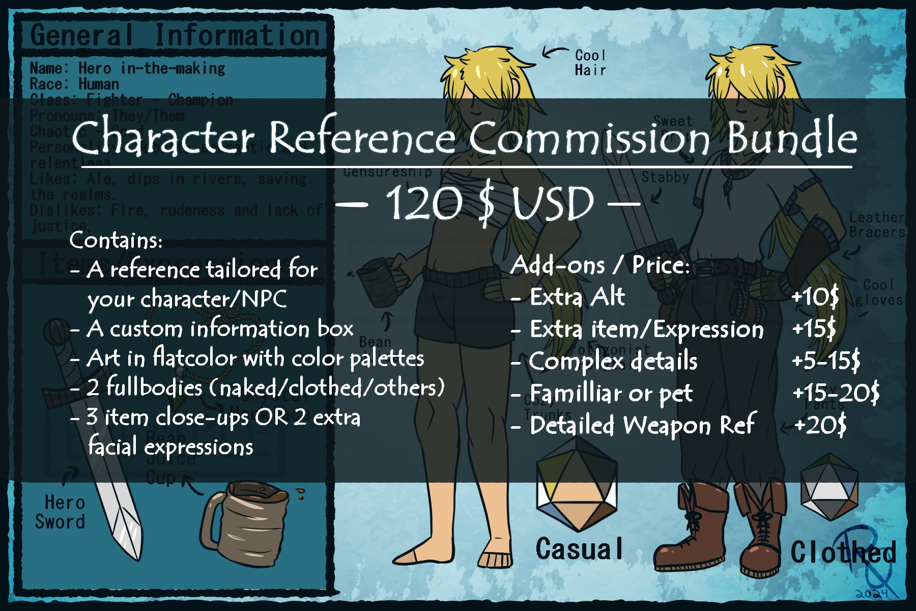 A digitally drawn commission chart character reference bundle at the price of 120$ accompanied by a description of its contents and an Add-On section.