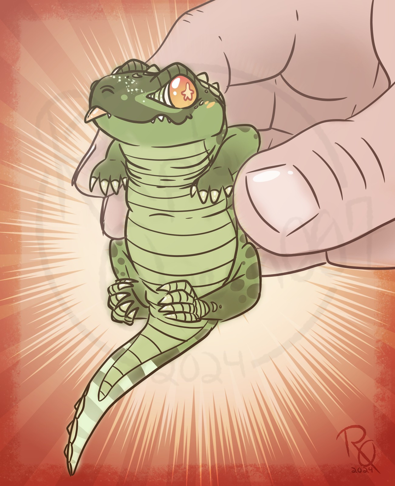 A digitally drawn fanart of Pesto, T0BYtoon's dinosaur form, the size of a pudgy and silly blepping gecko and being held gently in someone's huge hand.