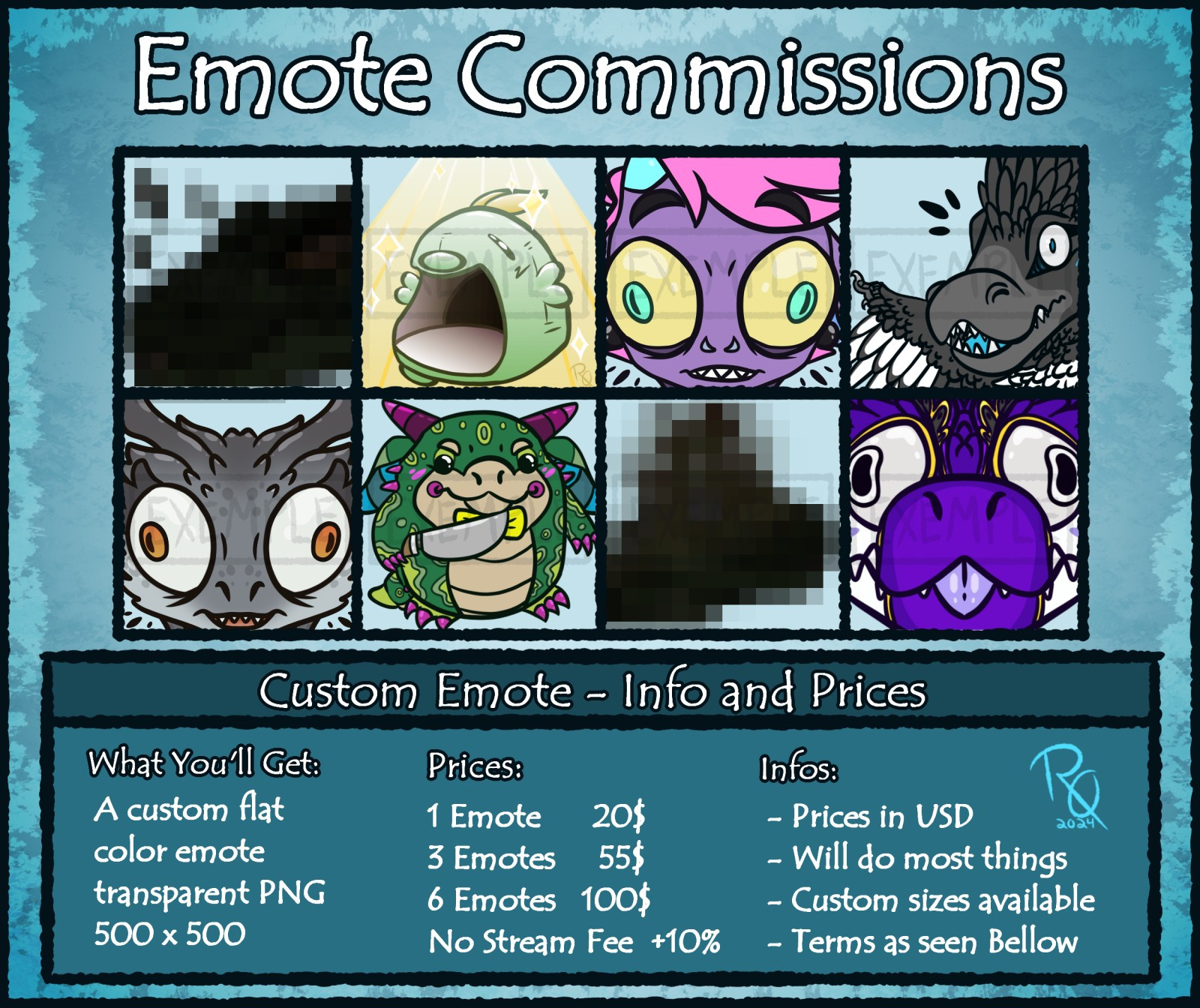 A digitally drawn commission chart depicting various hand drawn emotes, some of them redacted, a description of the emote's details, prices per amount and basic infos.