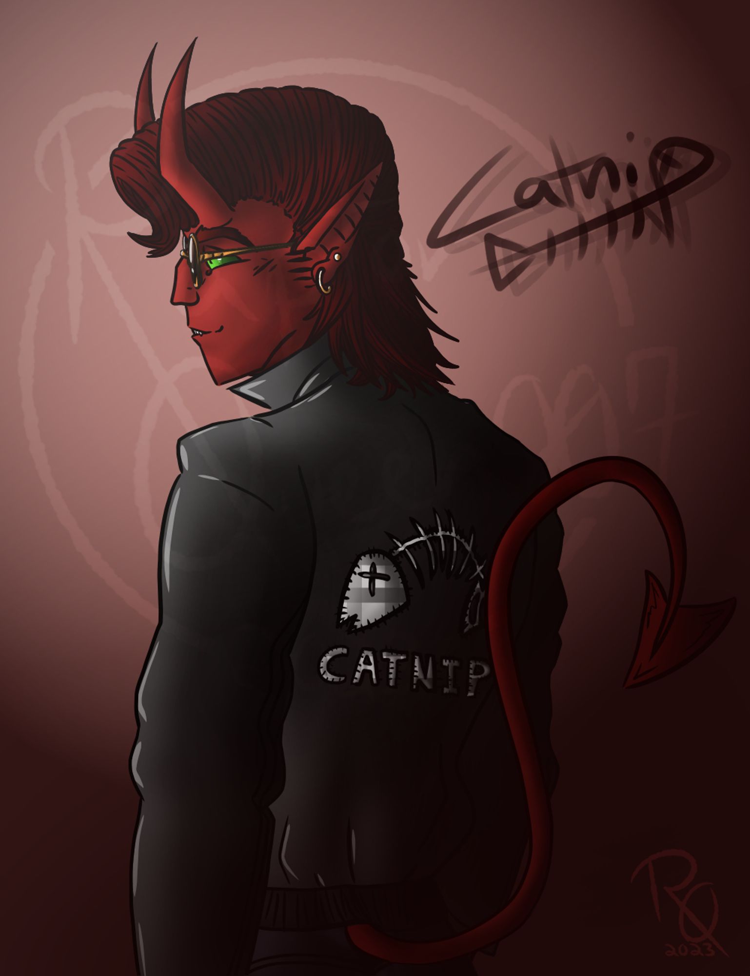 A digitally drawn portrait of a red tiefling on a stage-lit background. They wear a neat leather jacket with a fishbone and the name "catnip" engraved in the back, leather pants, a few piercings and a neat pair of aviator sunglasses. He looks to the side, giving a profile of his face in the light. His hair is brought up in a generous pompadour between two vertical curved horns.