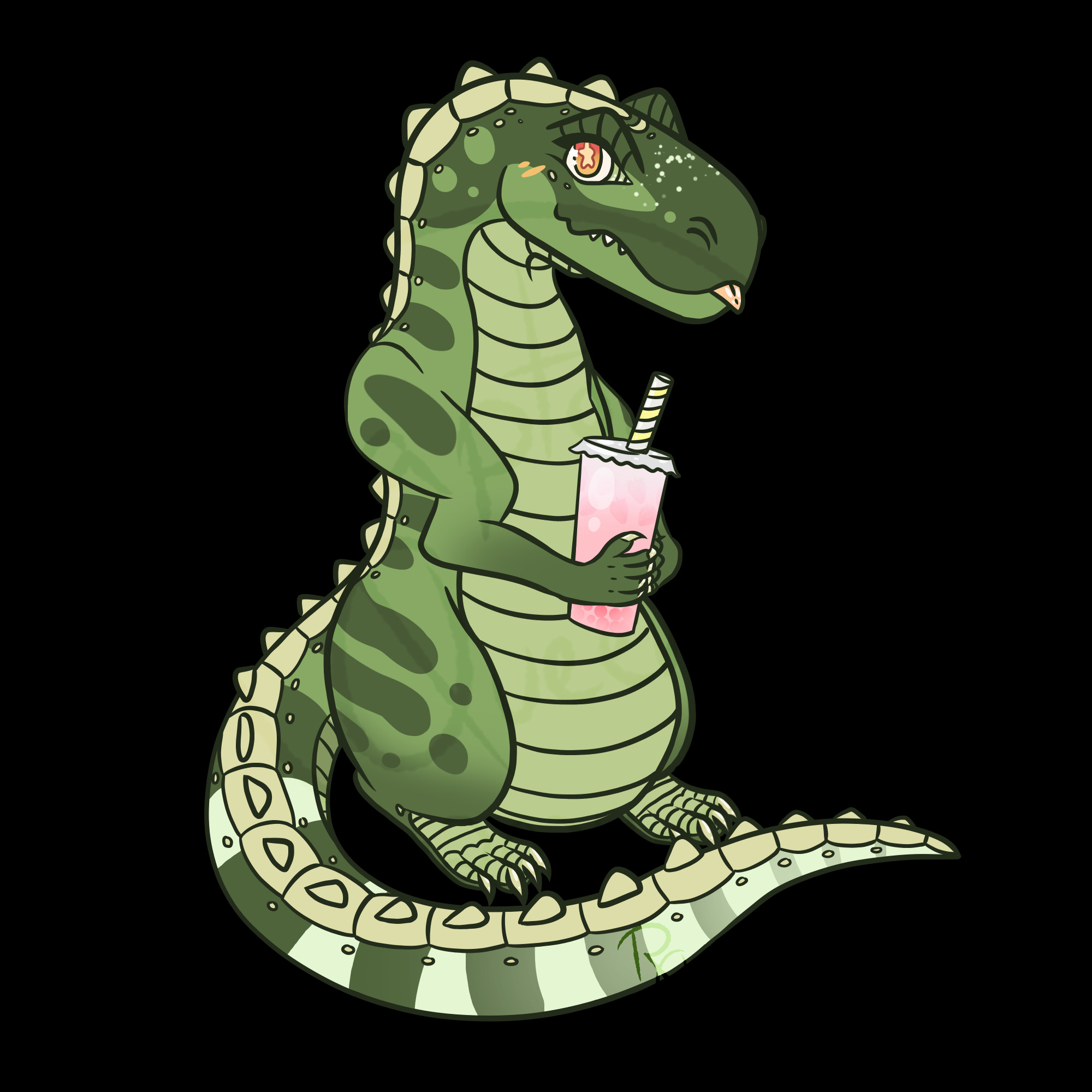 A PNGtuber model frame of Pesto, T0BYtoon's character. It is a green and white Postosuchus with orange eyes, sitting upright with a blep and holding a strawberry bubble tea.